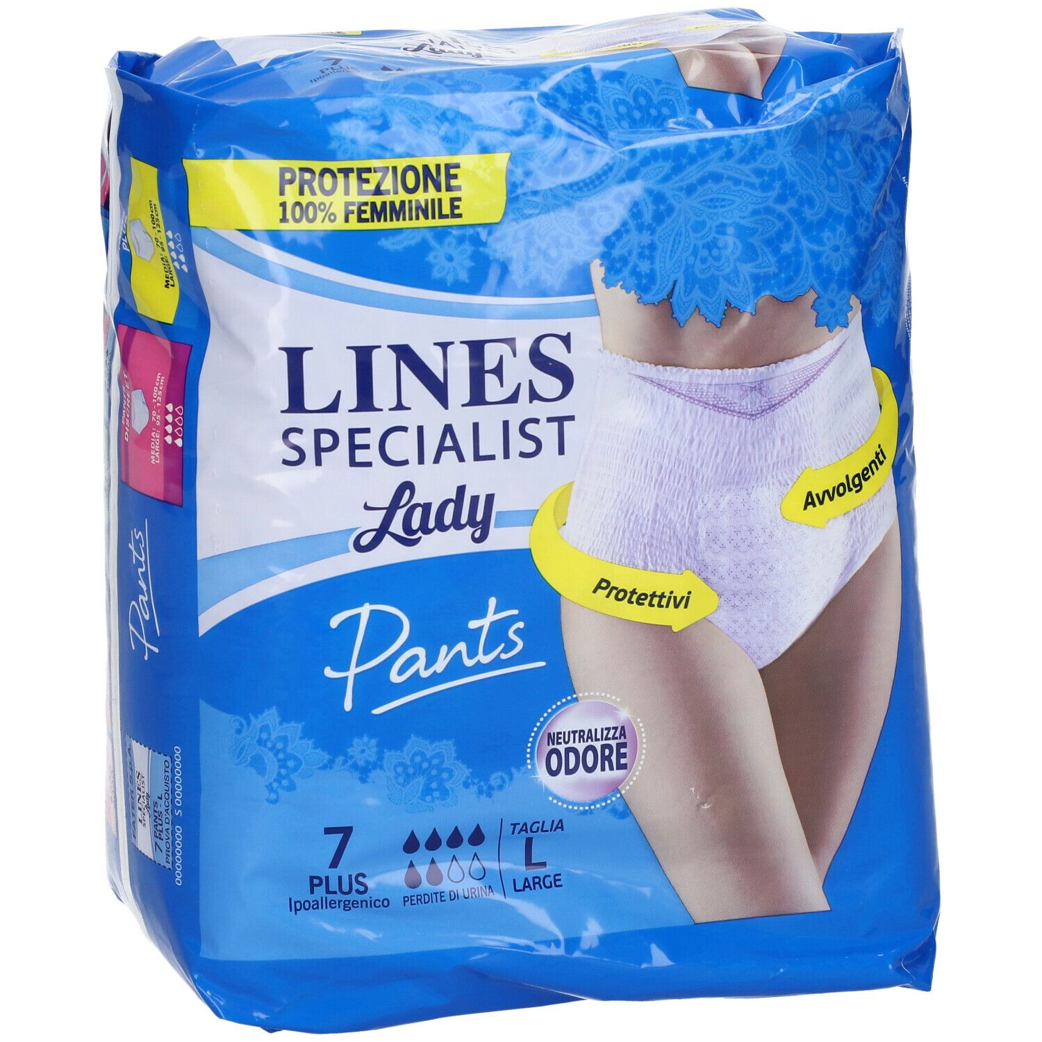 Confezione blu e bianca LINES Specialist Lady Pants. Scritte: 7 Plus, L, Protezione 100% femminile. Immagine del prodotto.