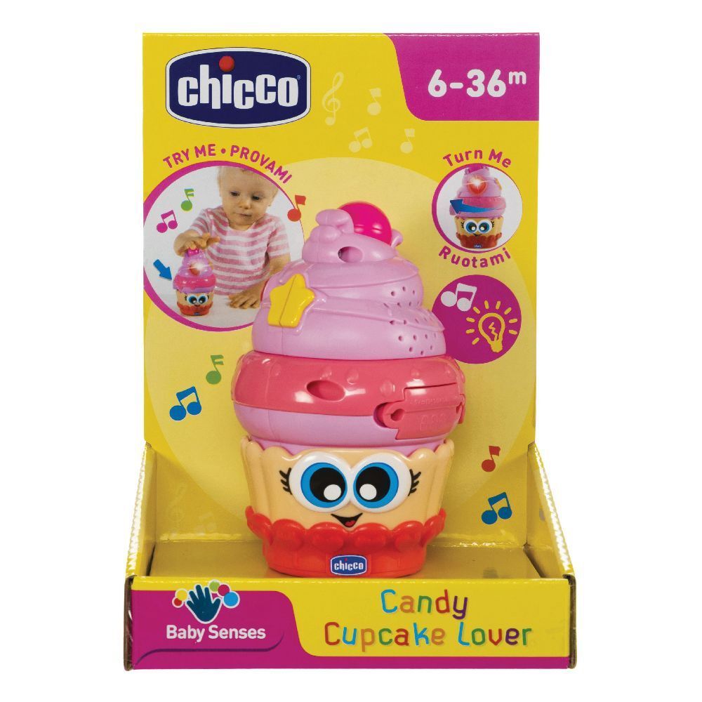 Chicco BabySenses Candy Cupcake Lover. Giocattolo cupcake rosa in confezione. Stella, occhi, orecchie. Età: 6-36 mesi.
