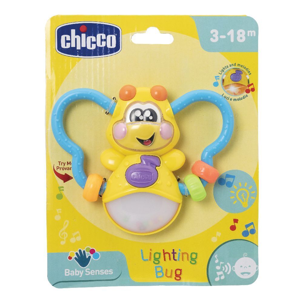 Insetto giocattolo giallo con braccia blu e anelli colorati. Confezionato su cartoncino giallo con logo "Chicco" e scritta "Lighting Bug".