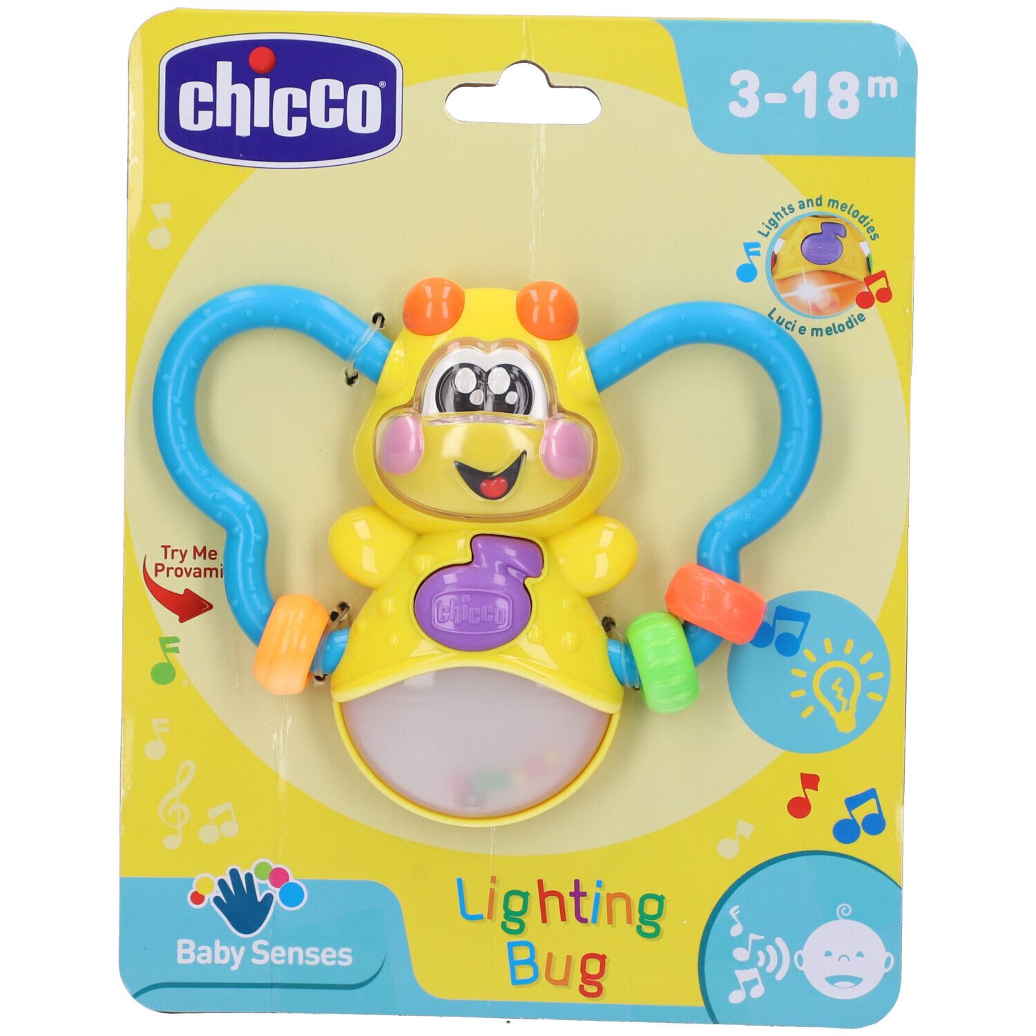 Insetto giocattolo giallo con braccia blu e anelli colorati. Confezionato su cartoncino giallo con logo "Chicco" e scritta "Lighting Bug".