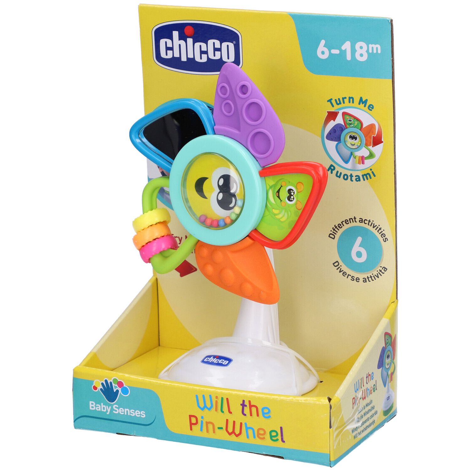 Giocattolo Chicco. Girandola colorata con 6 attività. Confezione con indicazione età 6-18m. Con ventosa.