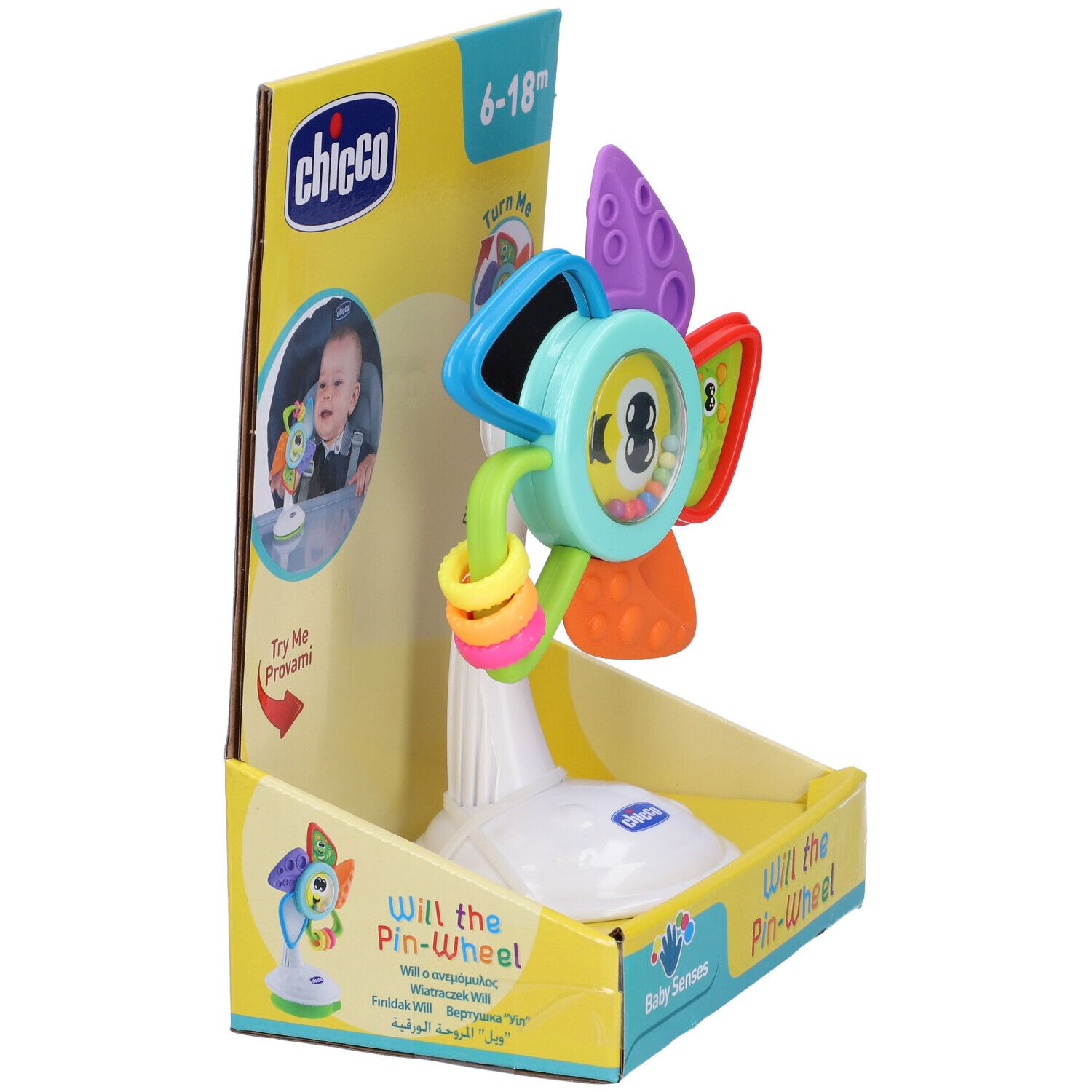 Giocattolo Chicco. Girandola colorata con 6 attività. Confezione con indicazione età 6-18m. Con ventosa.