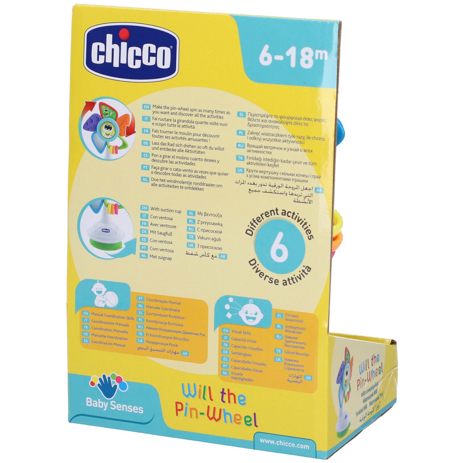 Retro confezione Chicco. Testo multilingue. Indicazione età 6-18m. 6 attività.