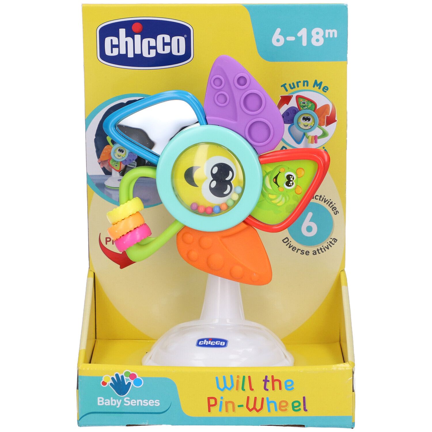Giocattolo Chicco. Girandola colorata con 6 attività. Confezione con indicazione età 6-18m. Con ventosa.