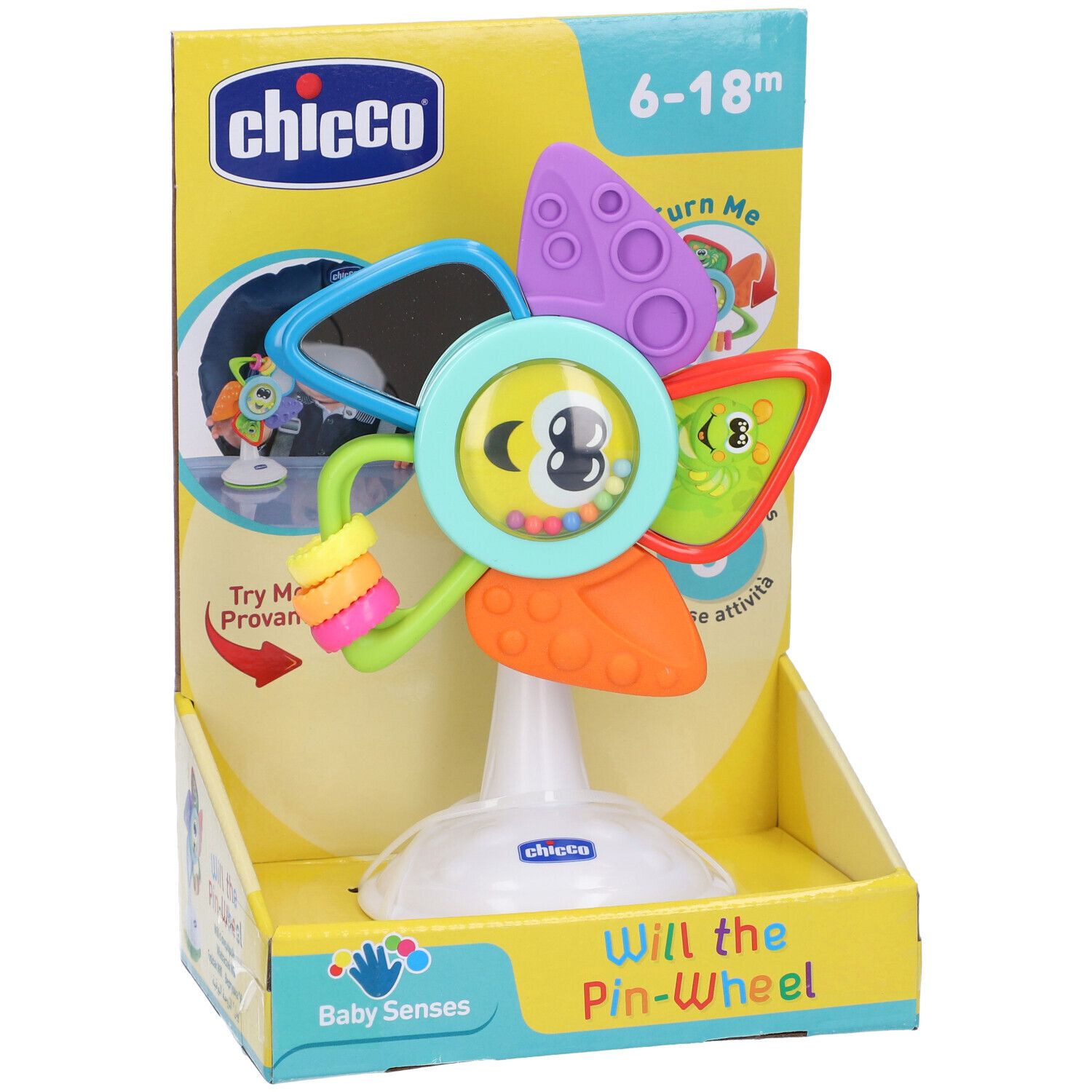 Giocattolo Chicco. Girandola colorata con 6 attività. Confezione con indicazione età 6-18m. Con ventosa.