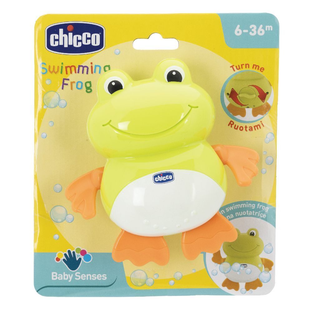 Giocattolo rana Chicco in confezione. Rana giallo-arancio con istruzione "Turn me". Consigliato per 6-36 mesi.