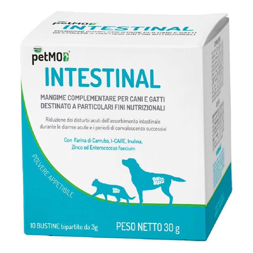 Scatola con logo e nome del prodotto. Contiene 10 bustine. Illustrazione cane e gatto. Testo: Intestinal, Mangime Complementare.