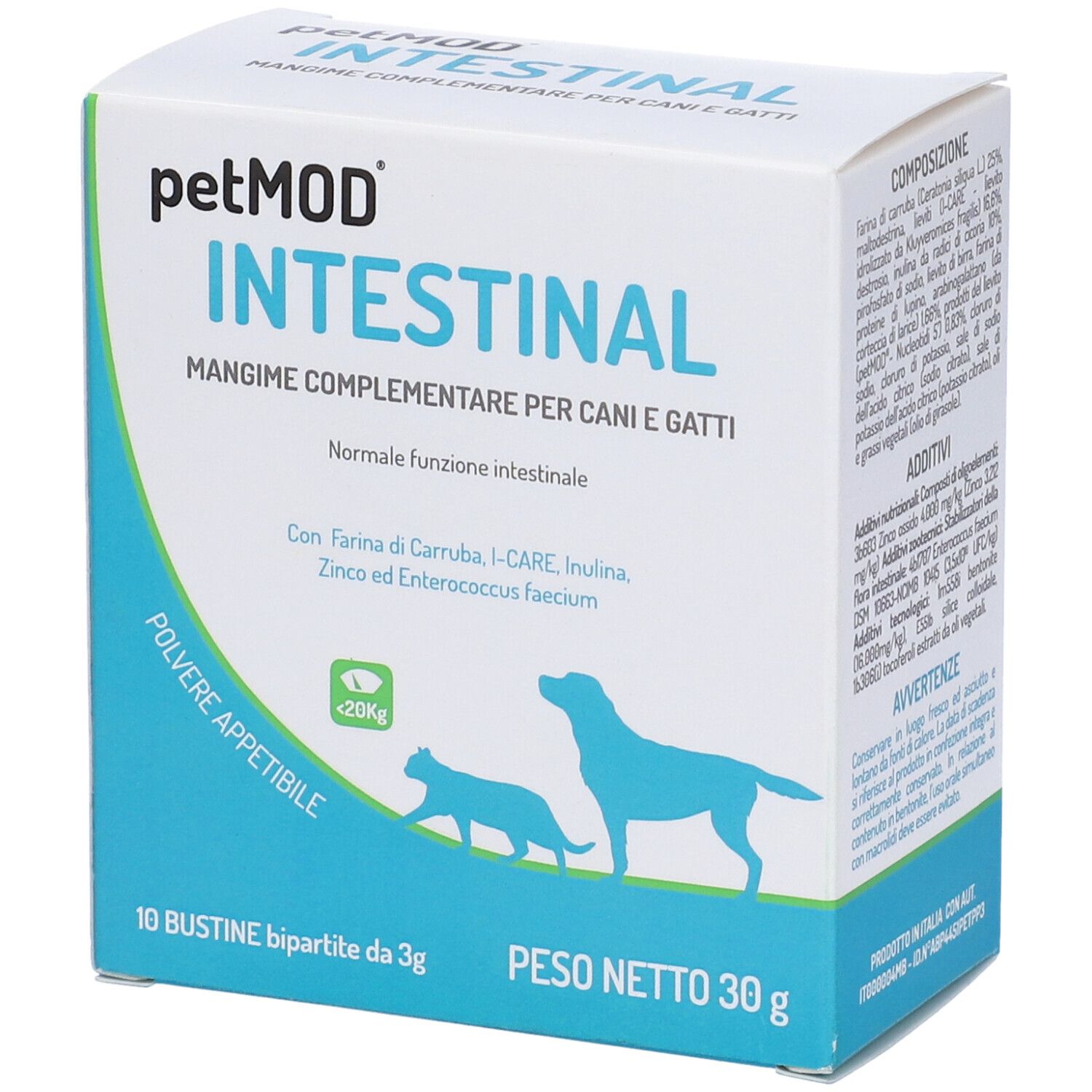 Confezione del prodotto con logo e nome. Contiene 10 bustine. Illustrazione cane e gatto. Testo: Intestinal, Mangime Complementare.