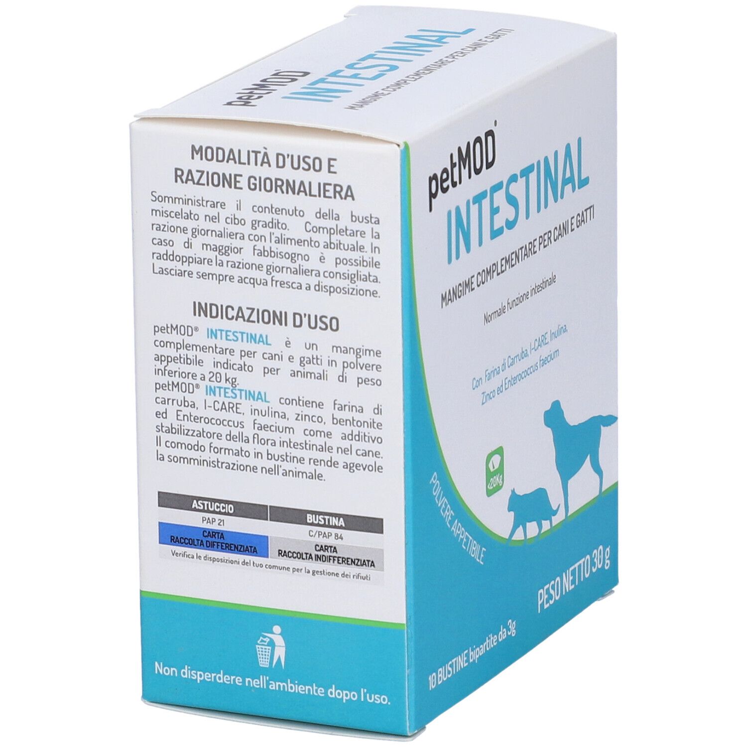 Confezione del prodotto con logo e nome. Contiene 10 bustine. Testo: Intestinal, Mangime Complementare. Retro con istruzioni per l'uso.