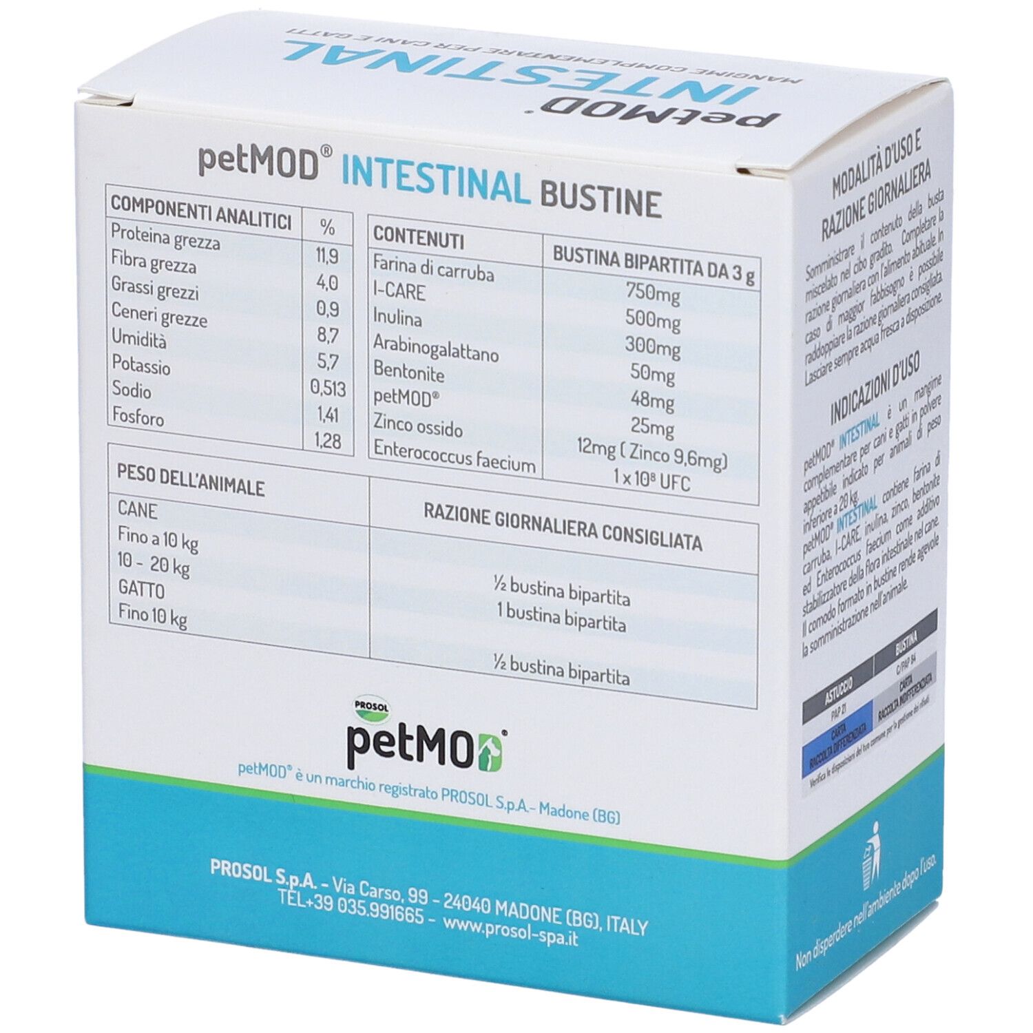 Confezione del prodotto con logo e nome. Contiene 10 bustine. Testo: Intestinal, Mangime Complementare. Retro con informazioni nutrizionali.