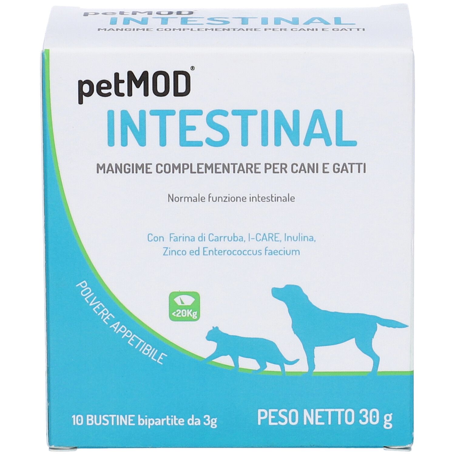 Confezione del prodotto con logo e nome. Contiene 10 bustine. Illustrazione cane e gatto. Testo: Intestinal, Mangime Complementare.
