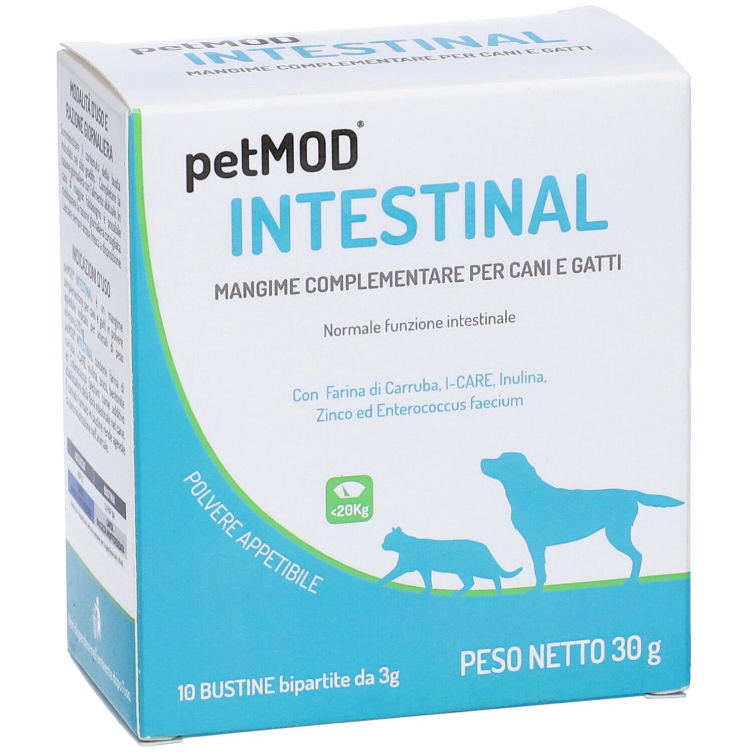Confezione del prodotto con logo e nome. Contiene 10 bustine. Illustrazione cane e gatto. Testo: Intestinal, Mangime Complementare.