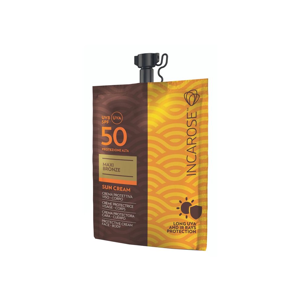 Busta di crema solare. Confezione marrone e gialla. SPF 50. Testo: Maxi Bronze, Sun Cream, Incarose.