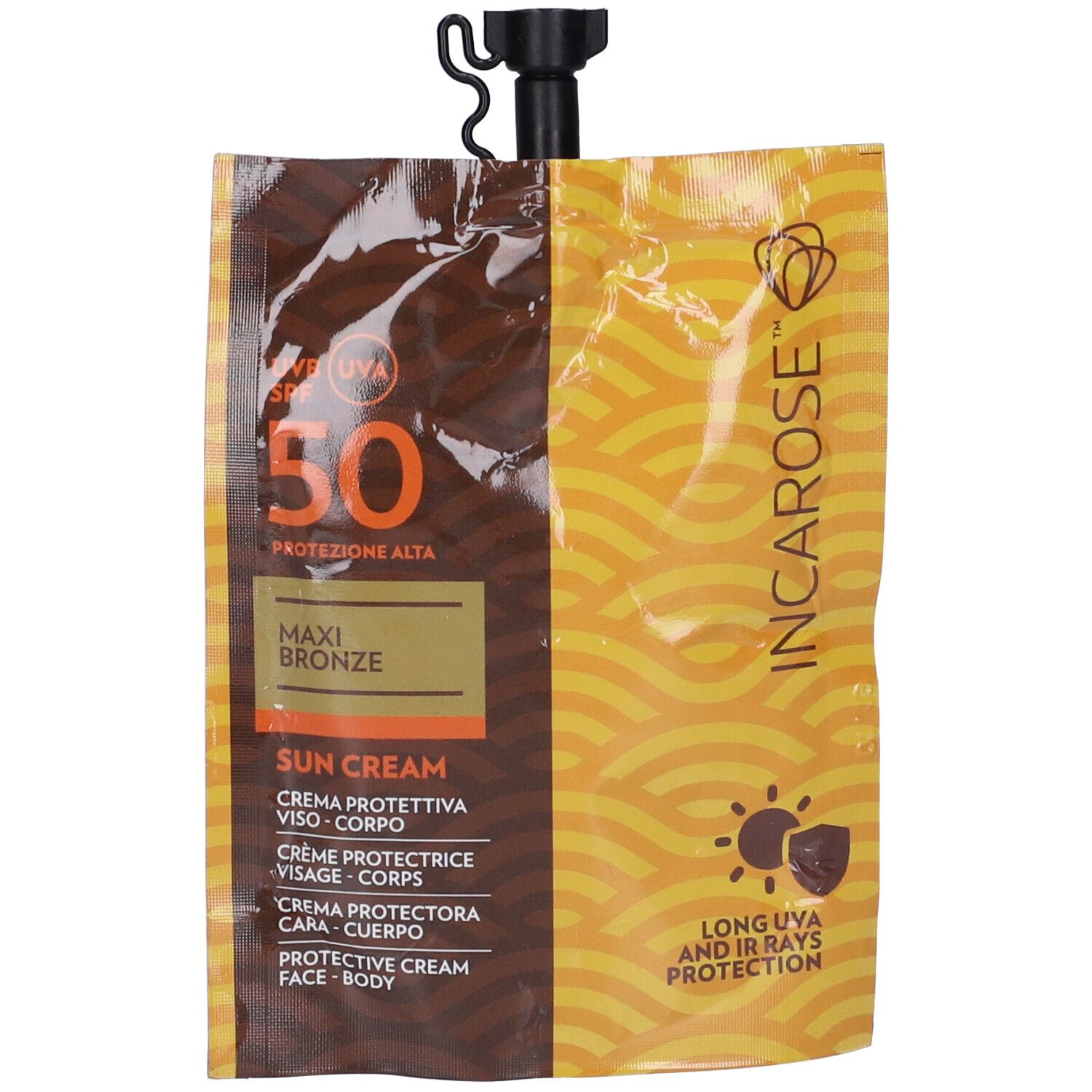 Busta di crema solare. Fronte. Confezione marrone e gialla. SPF 50. Testo: Maxi Bronze, Sun Cream, Incarose.