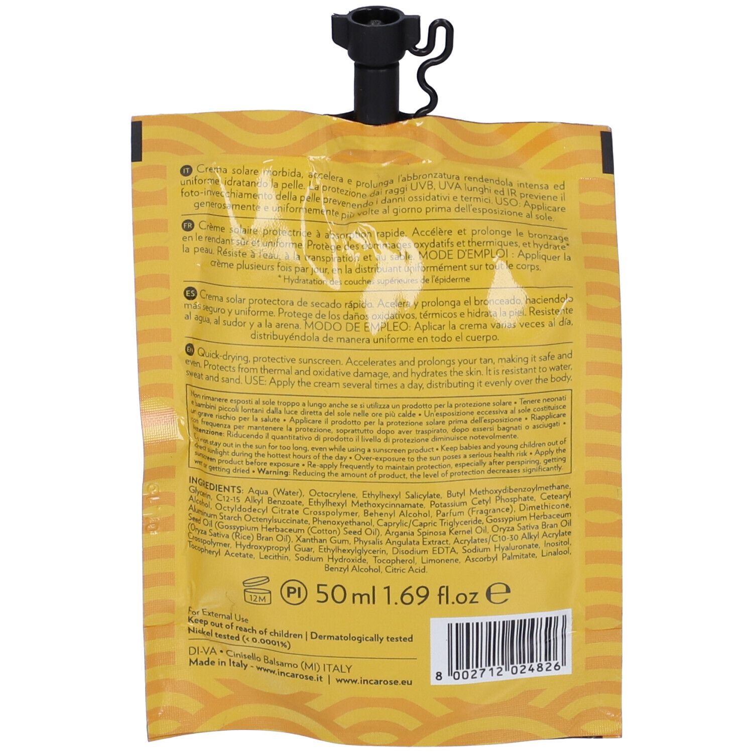 Busta di crema solare. Retro. Sfondo giallo. Testo e ingredienti. 50 ml.