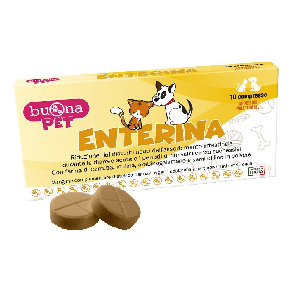 Due compresse marroni accanto a una scatola gialla con stampa del prodotto. Stampa: Enterina, 10 compresse, per cani e gatti.