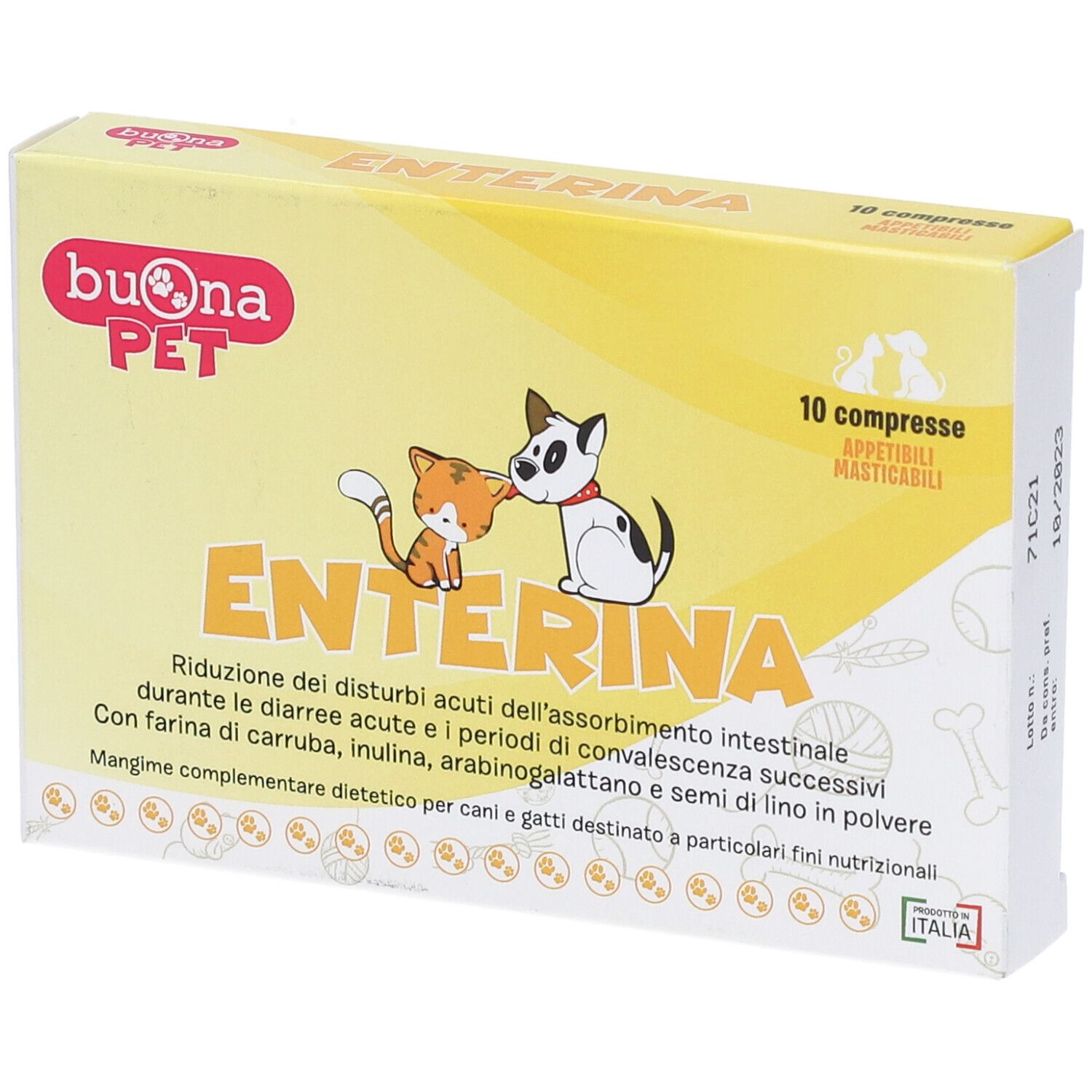 Scatola gialla con stampa del prodotto. Stampa: Enterina, 10 compresse, per cani e gatti. Illustrazione: gatto e cane.