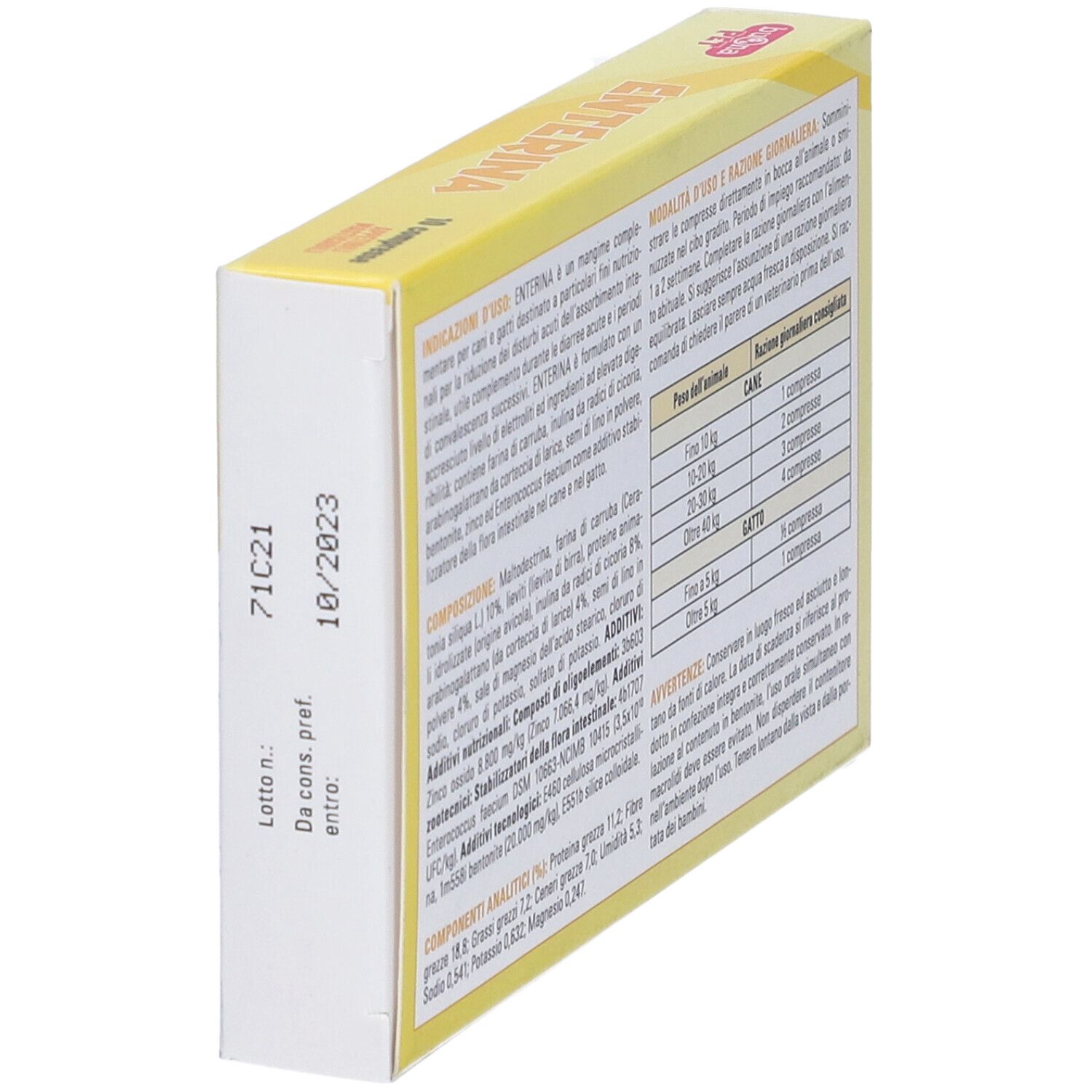 Scatola gialla, obliqua dall'alto. Stampa: Enterina, 10 compresse, per cani e gatti. Testo e ingredienti.