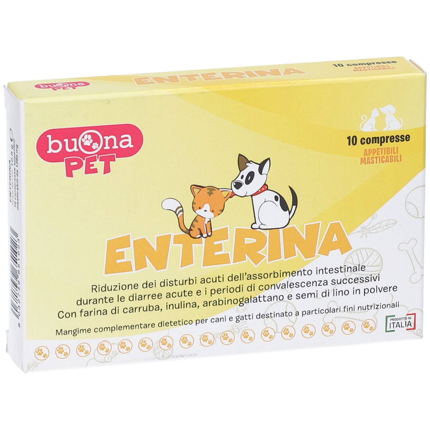 Scatola gialla con stampa del prodotto. Stampa: Enterina, 10 compresse, per cani e gatti. Illustrazione: gatto e cane.