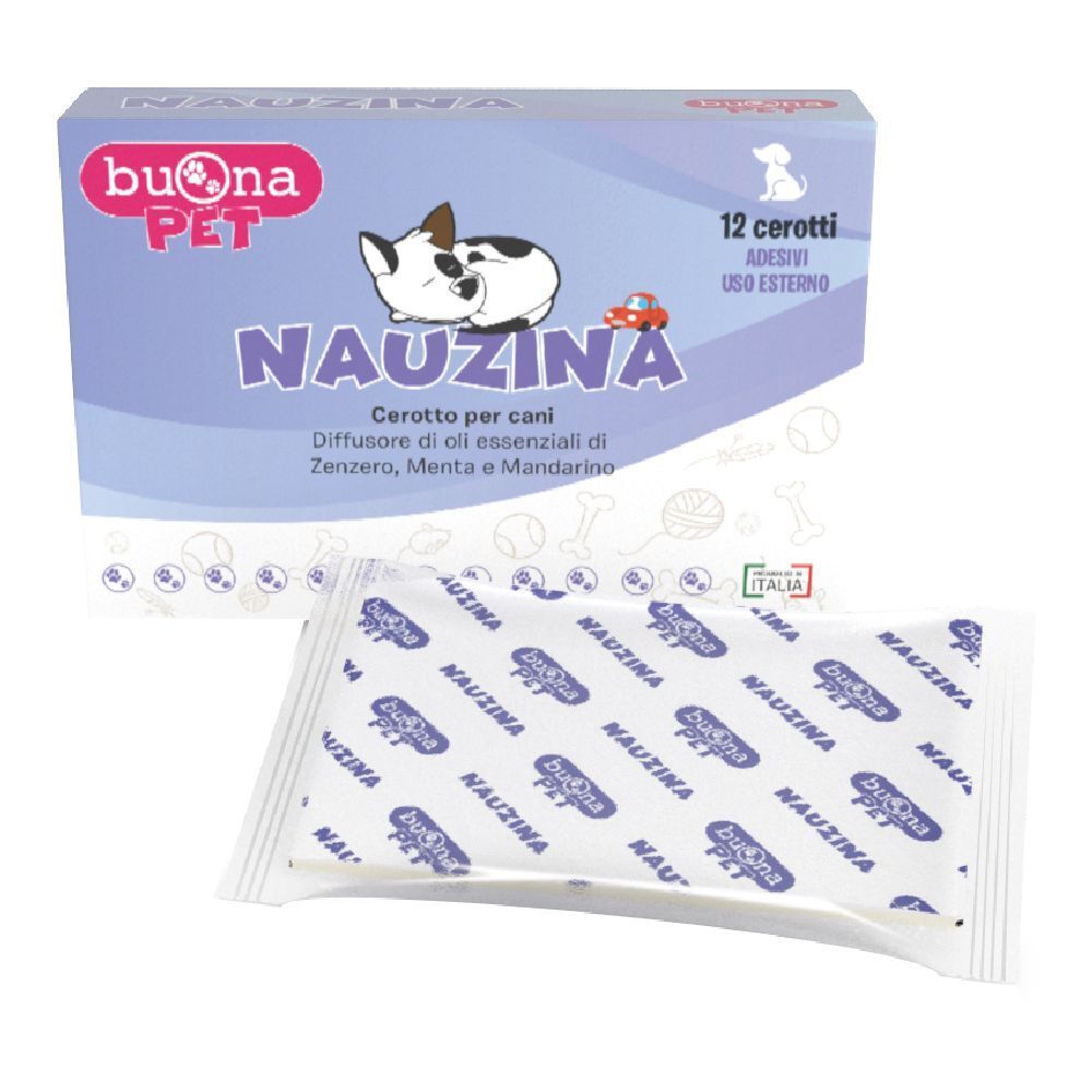 Confezione da 12 cerotti. Marchio: Buona Pet. Nome prodotto: Nauzina. Immagine di cane e auto. Scritta: Cerotto per cani.