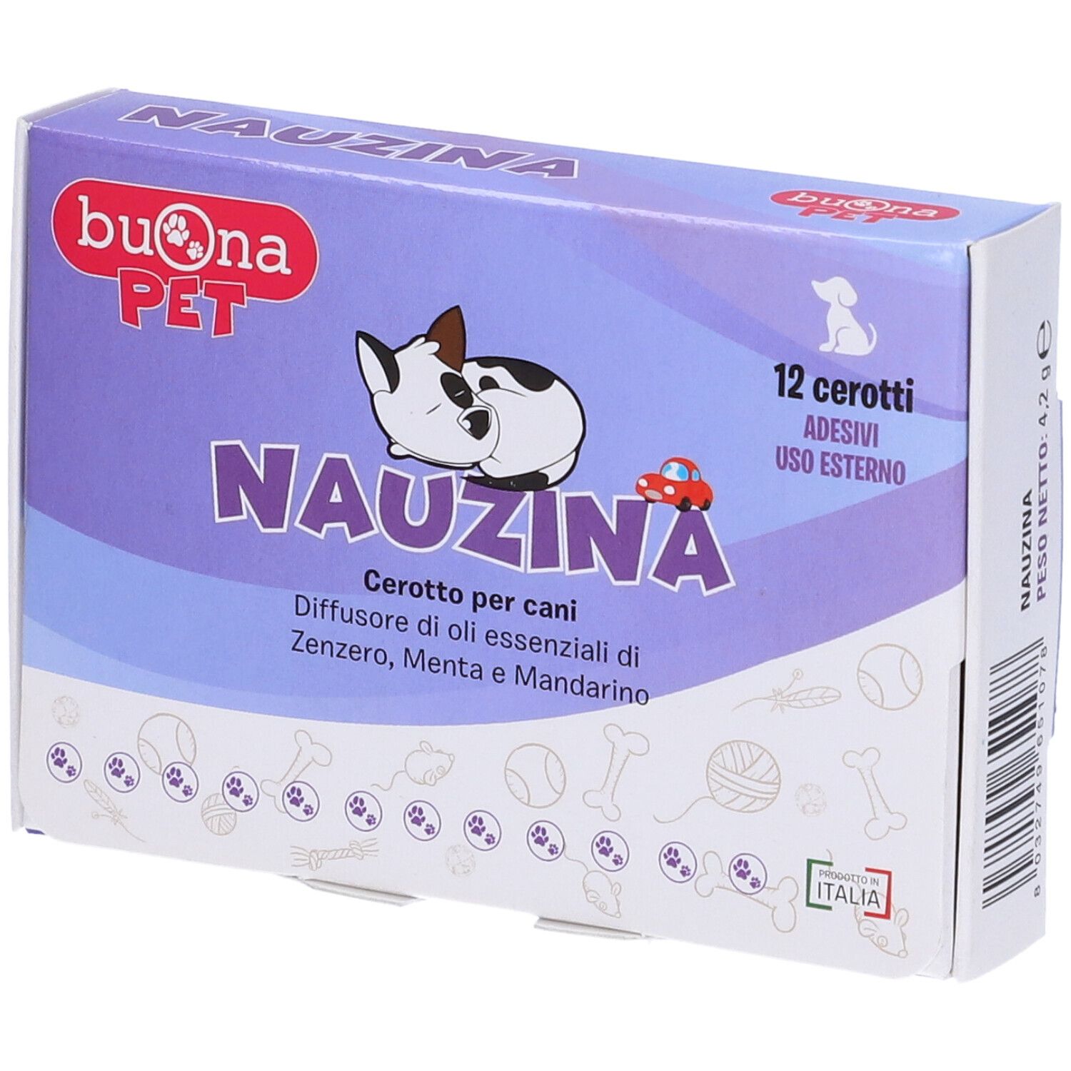 Confezione da 12 cerotti. Marchio: Buona Pet. Nome prodotto: Nauzina. Immagine di cane e auto. Scritta: Cerotto per cani.