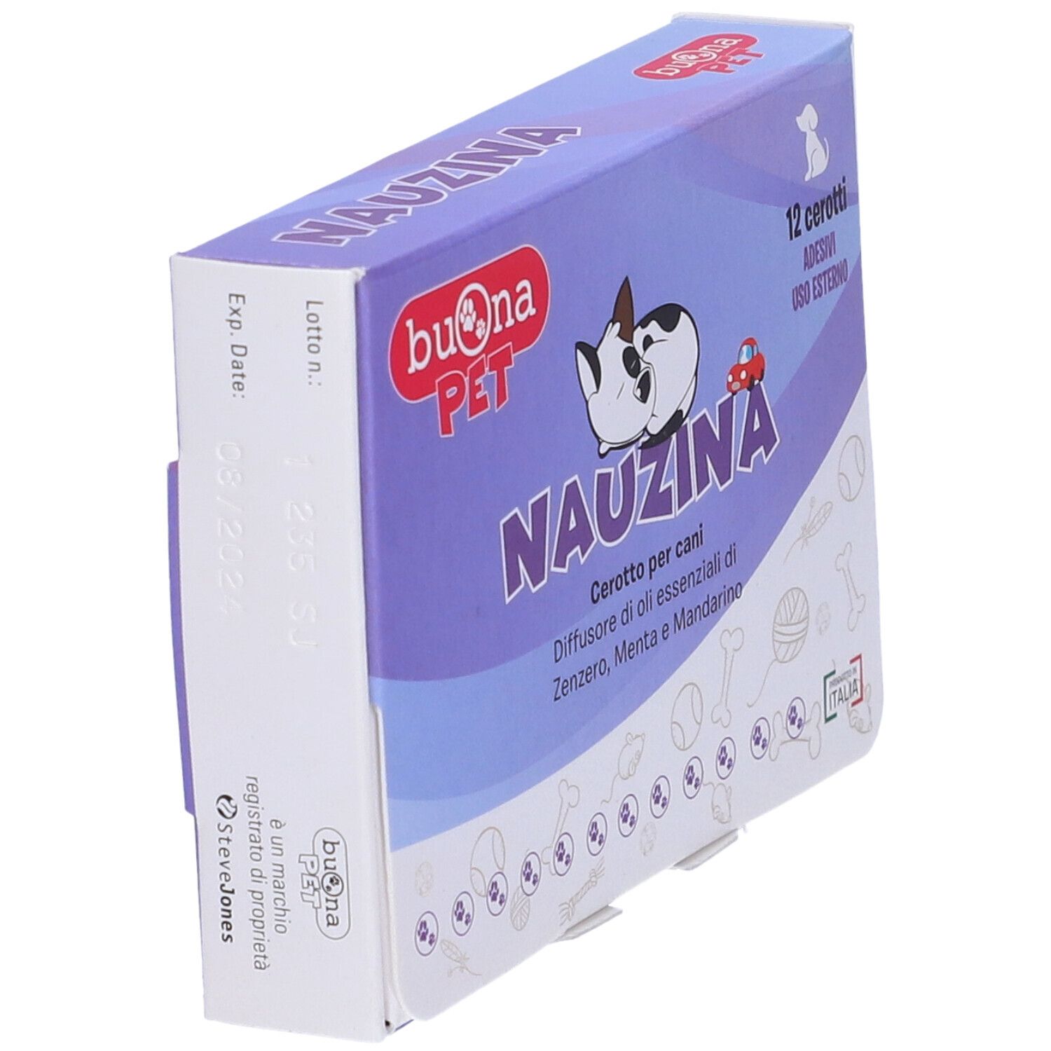 Confezione da 12 cerotti. Marchio: Buona Pet. Nome prodotto: Nauzina. Immagine di cane e auto. Scritta: Cerotto per cani.
