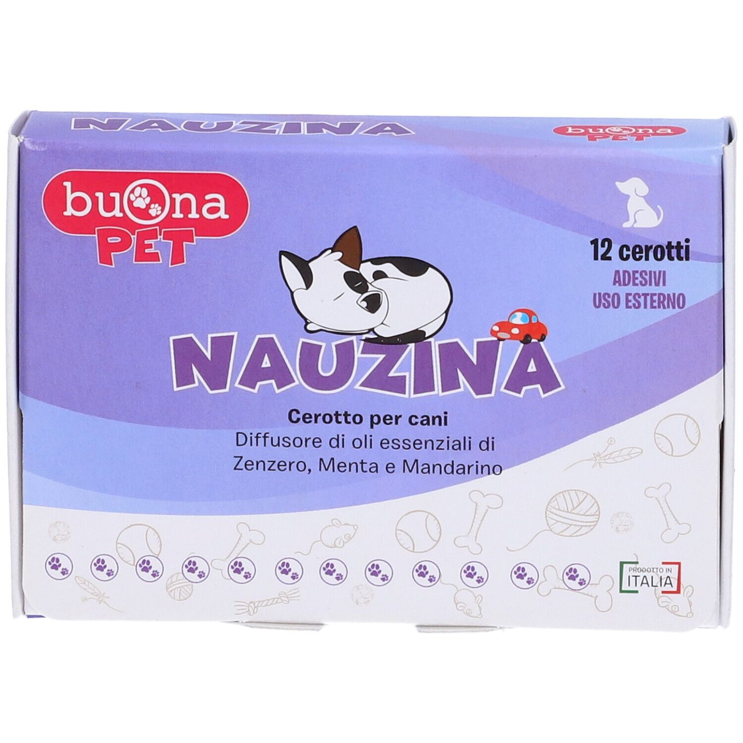 Confezione da 12 cerotti. Marchio: Buona Pet. Nome prodotto: Nauzina. Immagine di cane e auto. Scritta: Cerotto per cani.