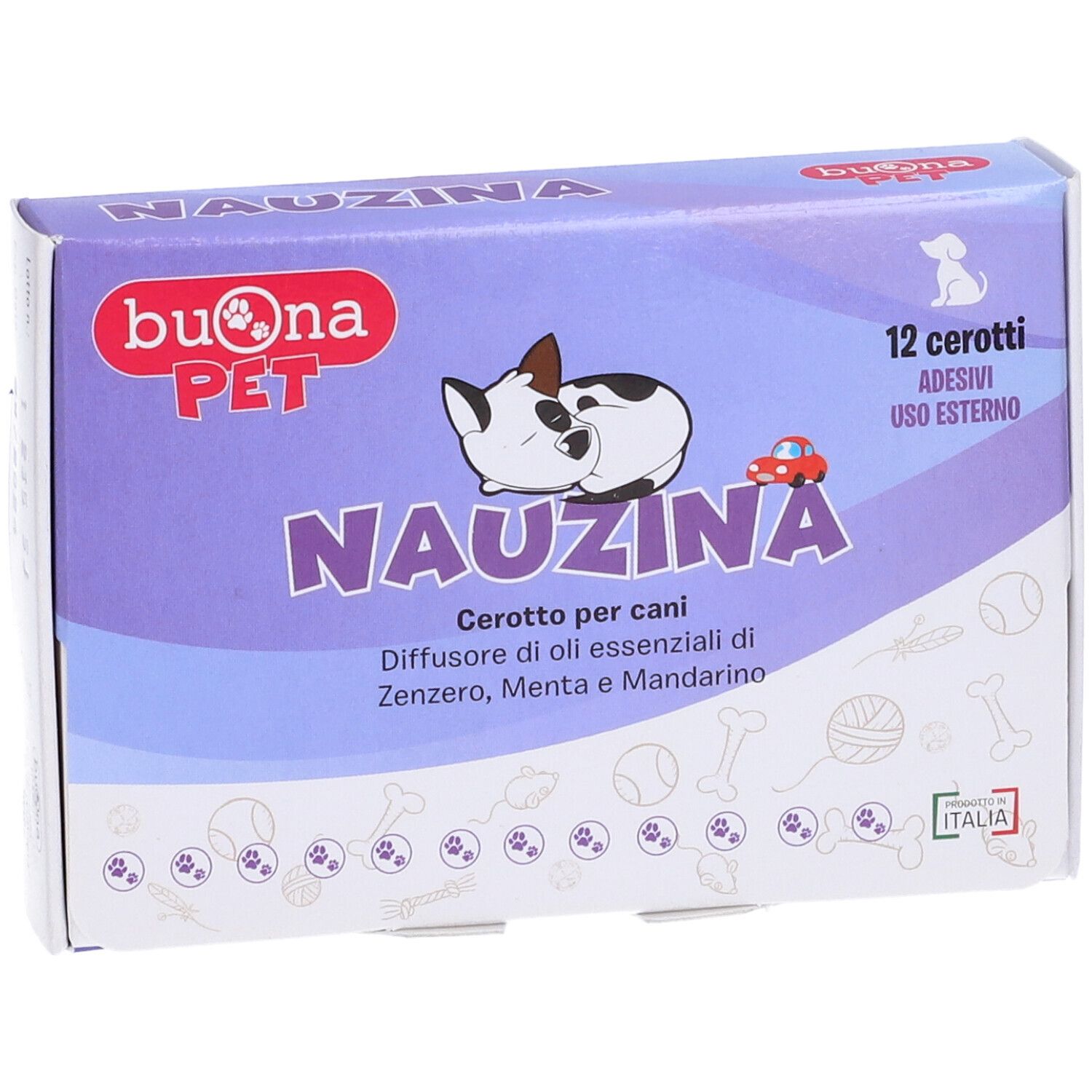 Confezione da 12 cerotti. Marchio: Buona Pet. Nome prodotto: Nauzina. Immagine di cane e auto. Scritta: Cerotto per cani.