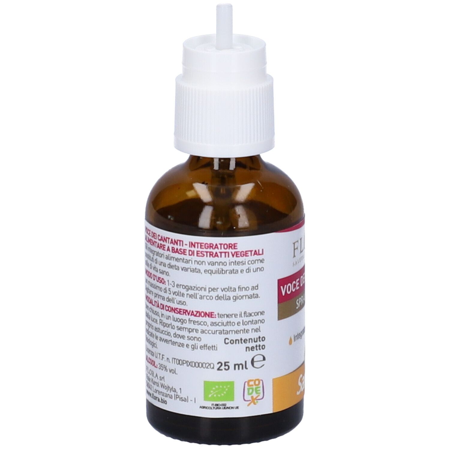 Flacone di vetro marrone con erogatore bianco. Retro con testo e certificazione bio. 25 ml.