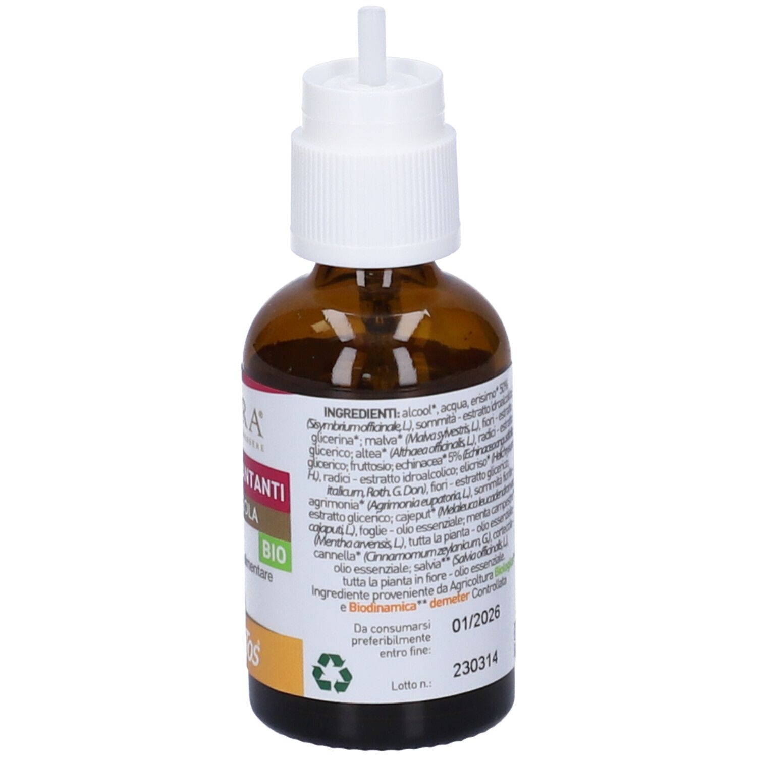 Flacone di vetro marrone con erogatore bianco. Retro con testo, ingredienti e certificazione bio.
