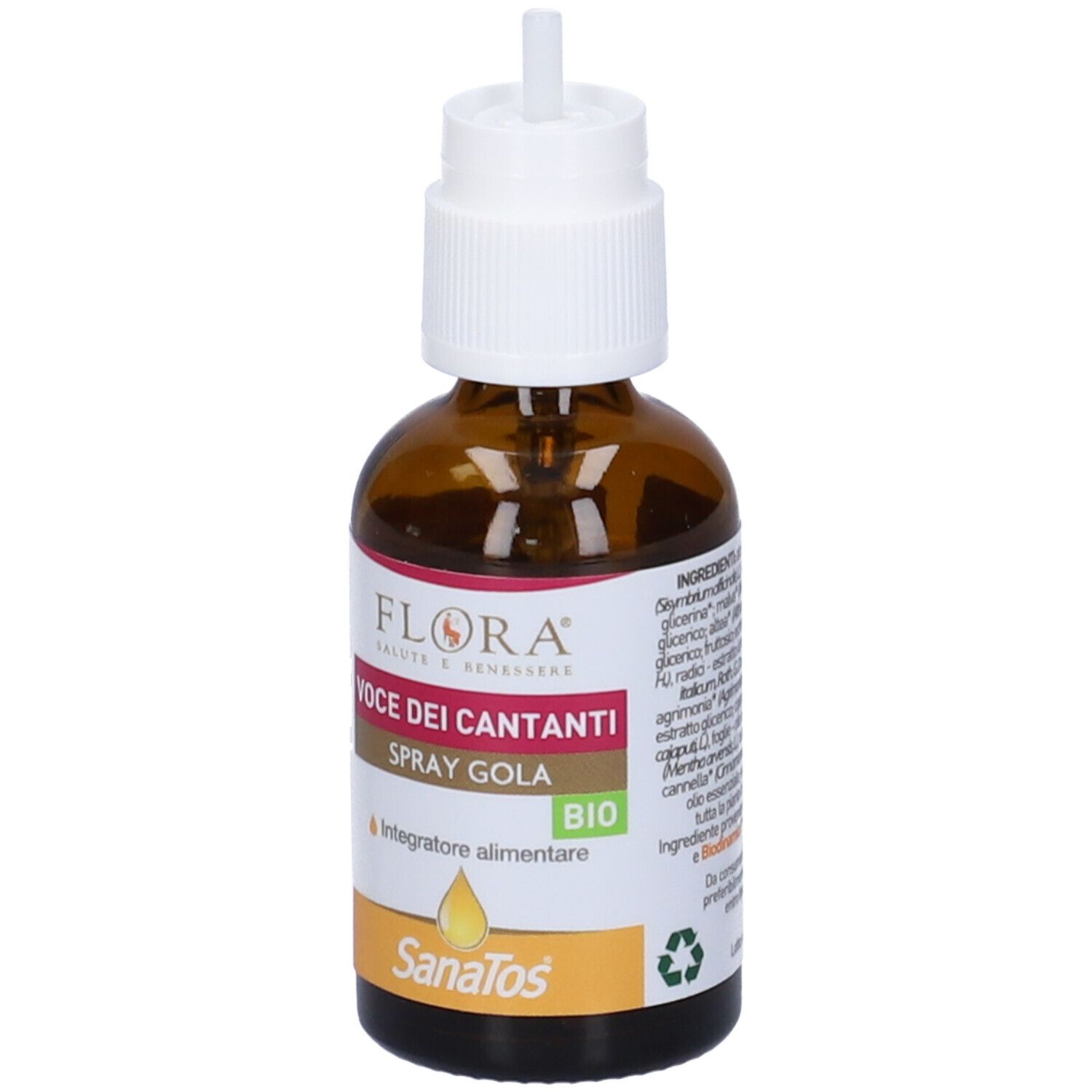 Flacone di vetro marrone con erogatore bianco. Etichetta con nome prodotto e sigillo bio. Logo Sanatos.