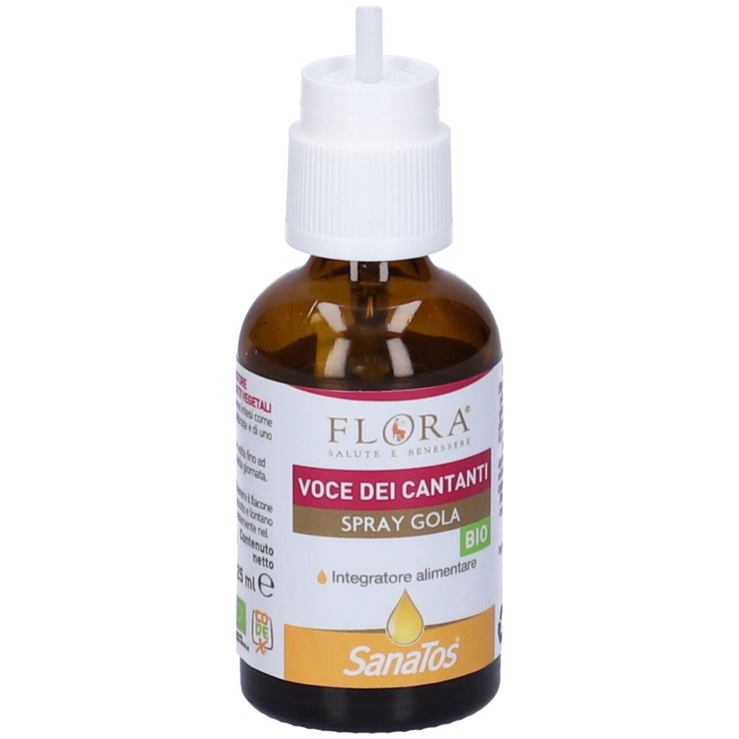 Flacone di vetro marrone con erogatore bianco. Etichetta con nome prodotto e sigillo bio. Logo Sanatos.
