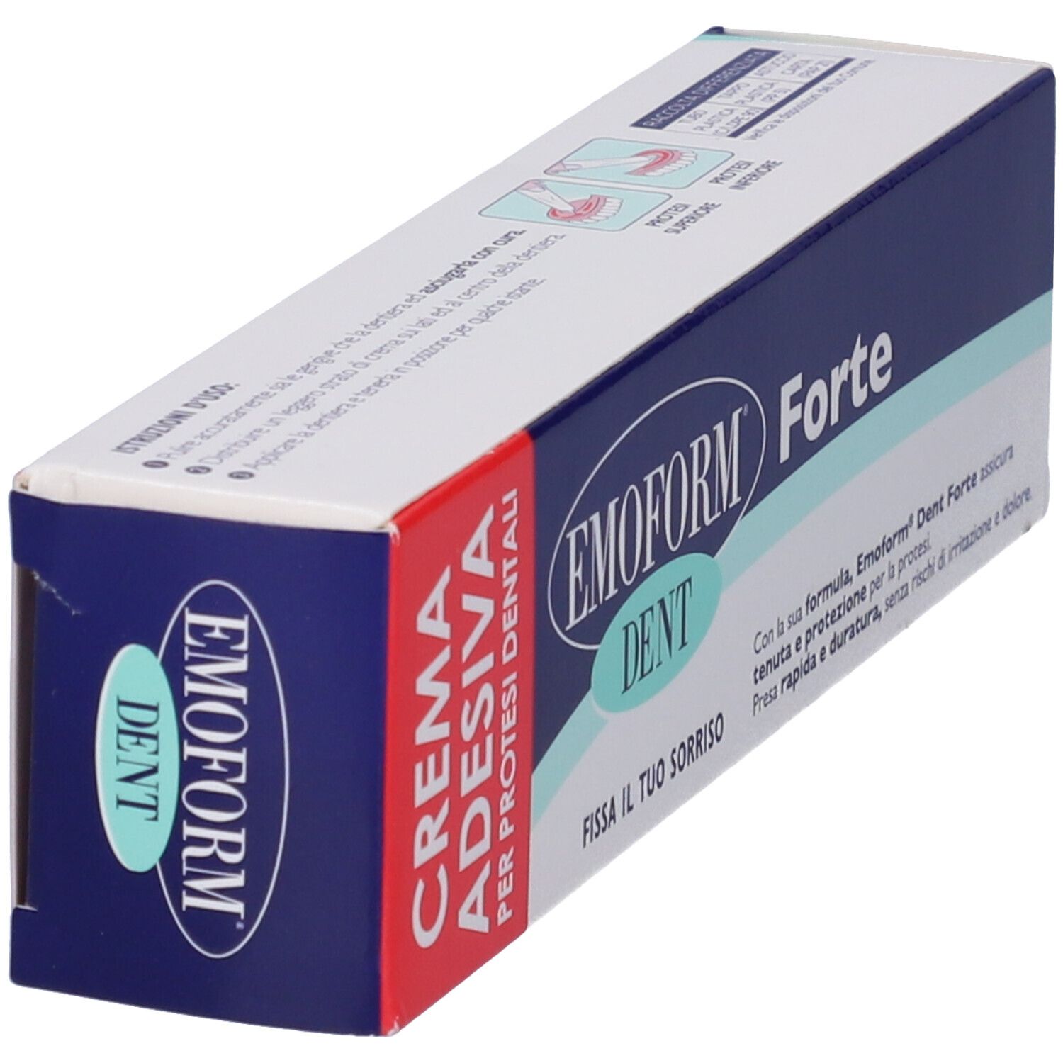 Schachtel Emoform Dent Forte. Rote und blaue Farben. Text: Crema Adesiva Per Protesi Dentali. Perspektivische Ansicht.