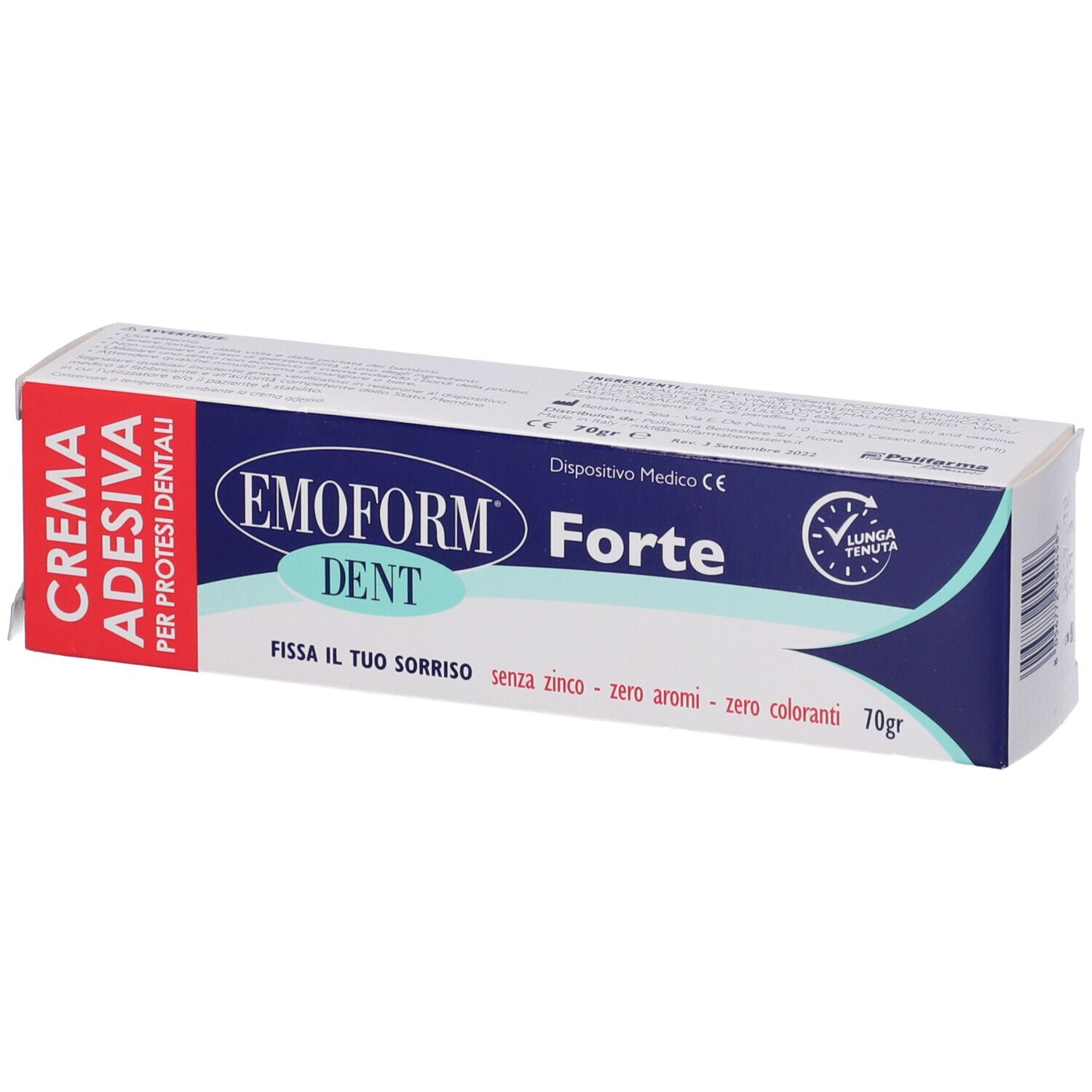 Schachtel Emoform Dent Forte. Rote und blaue Farben. Text: Crema Adesiva Per Protesi Dentali. Mit Uhr-Symbol.