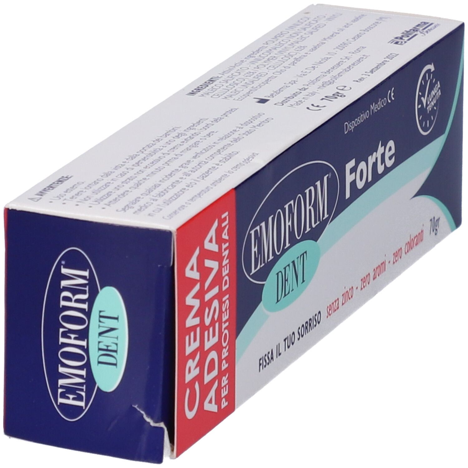 Schachtel Emoform Dent Forte. Rote und blaue Farben. Text: Crema Adesiva Per Protesi Dentali. Perspektivische Ansicht.