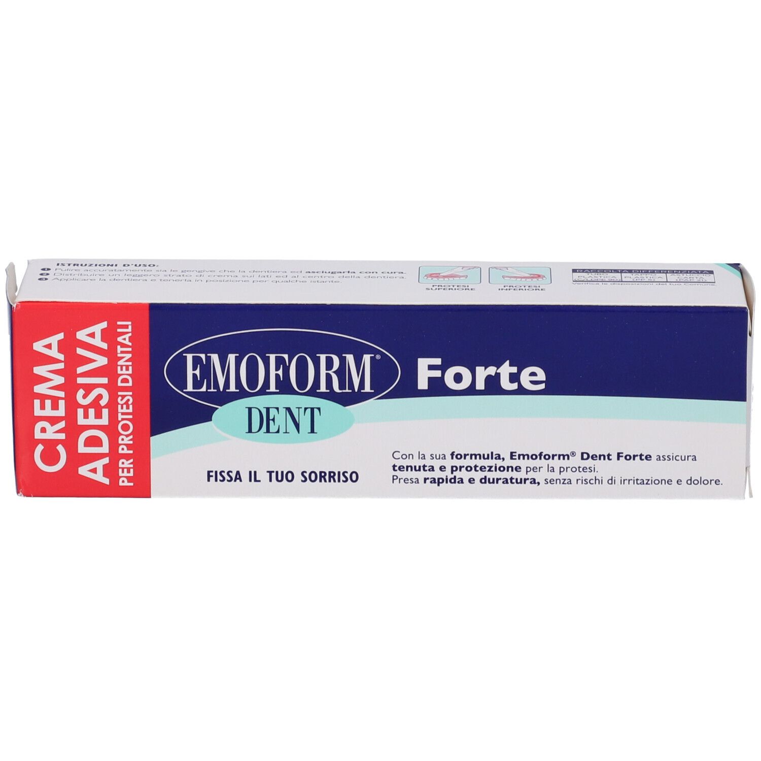 Schachtel Emoform Dent Forte. Rote und blaue Farben. Text: Crema Adesiva Per Protesi Dentali. Auf weißem Hintergrund.