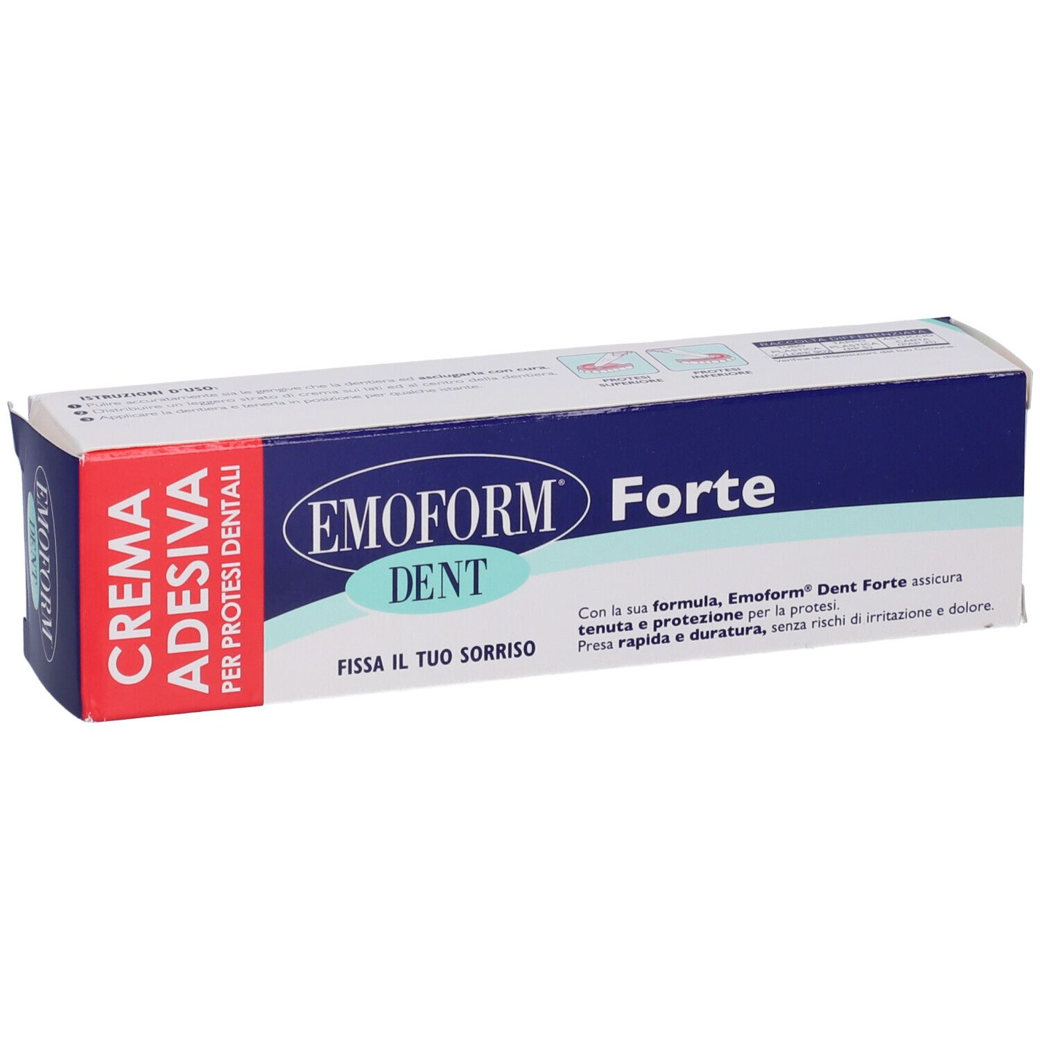 Schachtel Emoform Dent Forte. Rote und blaue Farben. Text: Crema Adesiva Per Protesi Dentali. Auf weißem Hintergrund.