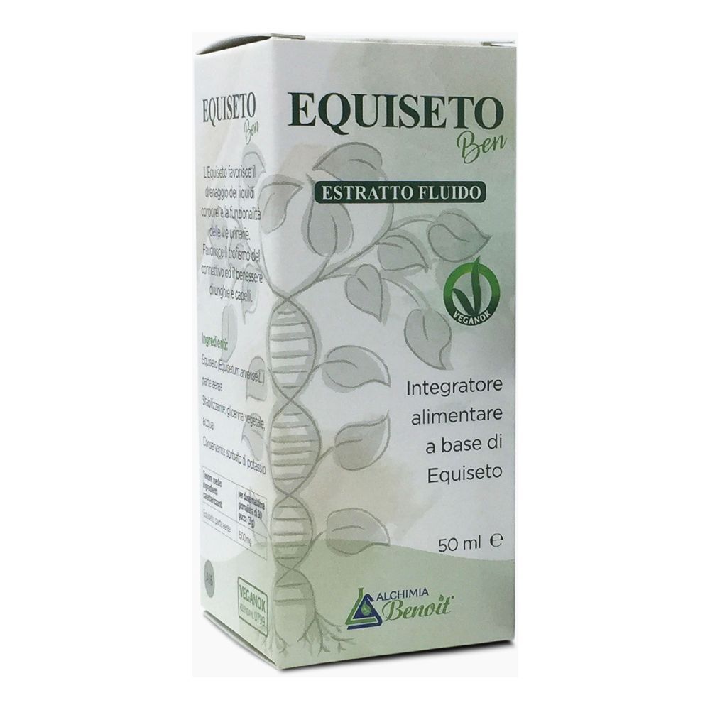 Confezione di EQUISETO Ben, 'ESTRATTO FLUIDO'. Logo vegano. Contiene Equiseto. Marchio Alchemia Benoit. Formato 50 ml.