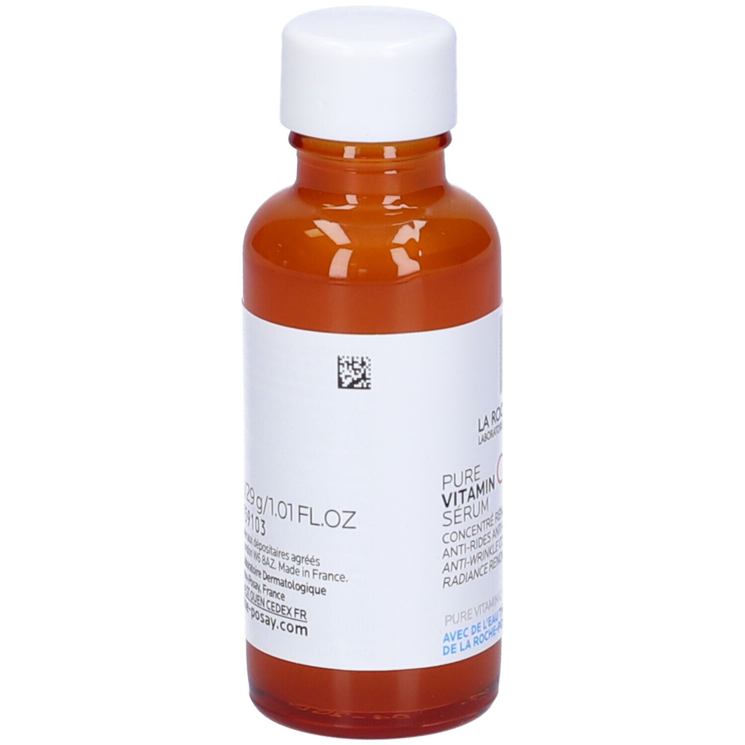 Rückansicht der braunen Glasflasche. Aufschrift: La Roche-Posay Pure Vitamin C10 Serum. Angaben zur Herstellung.