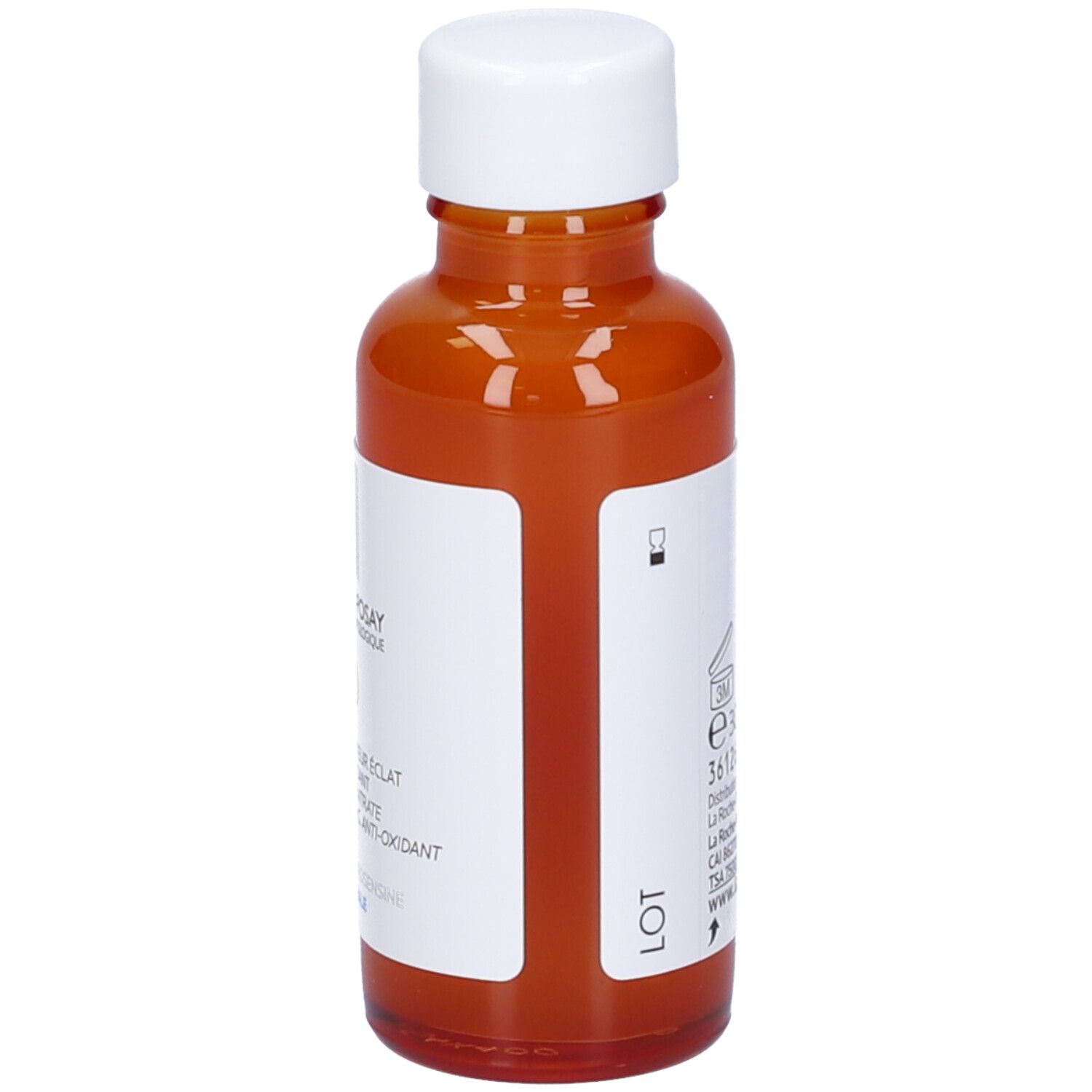 Rückansicht der braunen Glasflasche. Aufschrift: La Roche-Posay Pure Vitamin C10 Serum. Angaben zur Herstellung.