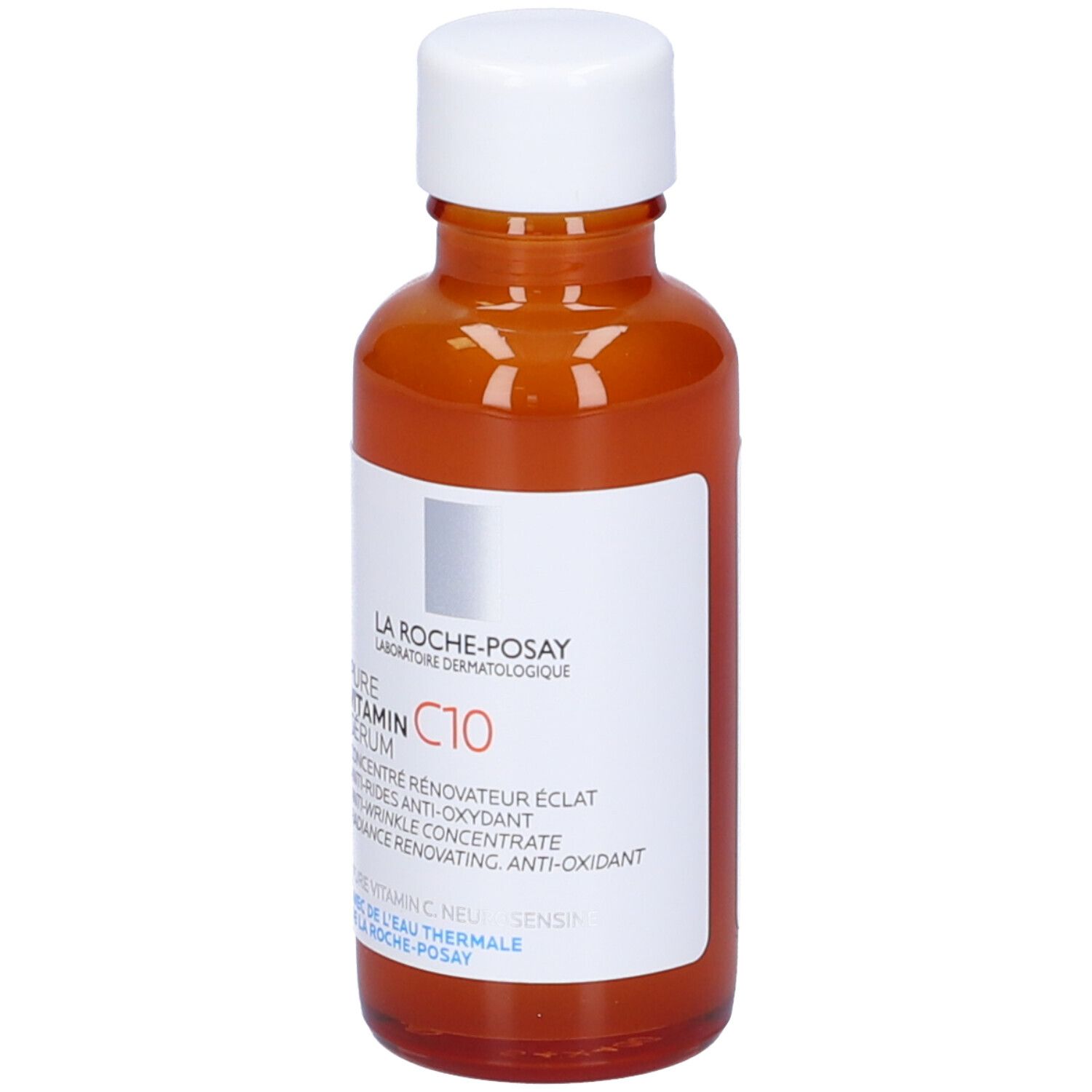 Braune Glasflasche mit weißem Deckel. Aufschrift: La Roche-Posay Pure Vitamin C10 Serum.