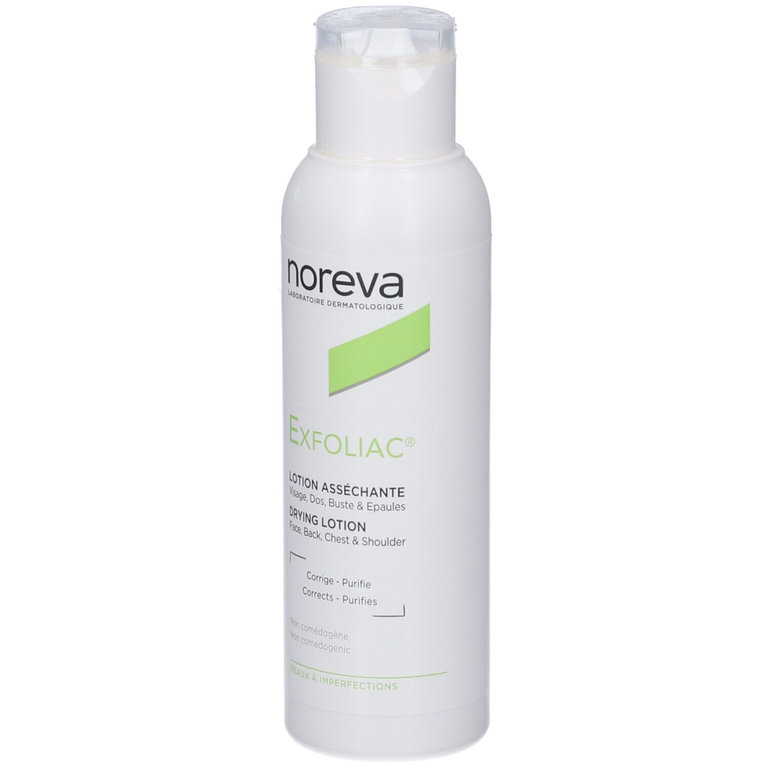 Weiße Flasche mit Drehverschluss. Aufschrift Noreva Exfoliac, grüne Markierung. Trocknende Lotion für Gesicht, Rücken, Brust.