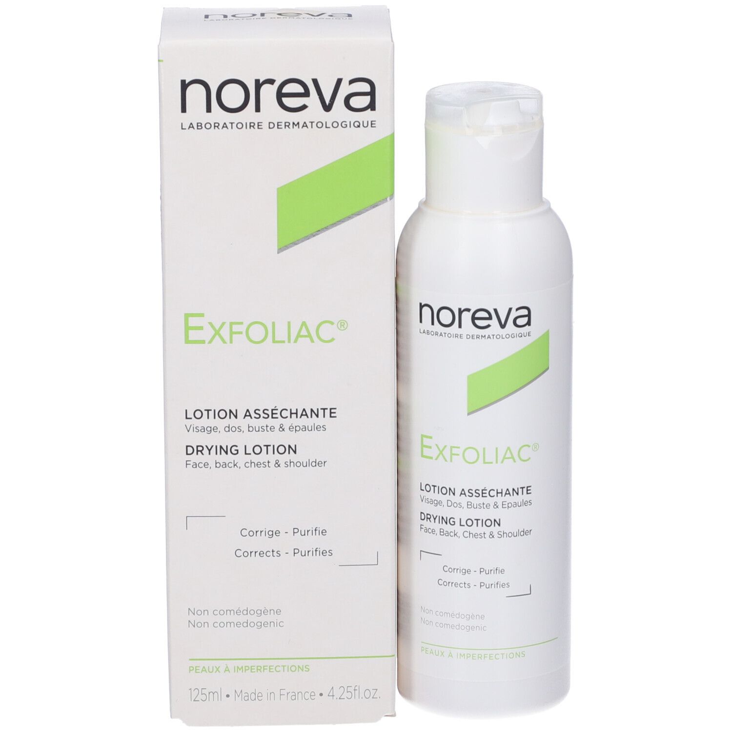 Produktflasche und Verpackung. Aufschrift Noreva Exfoliac, grüne Markierung. Trocknende Lotion für Gesicht, Rücken, Brust.