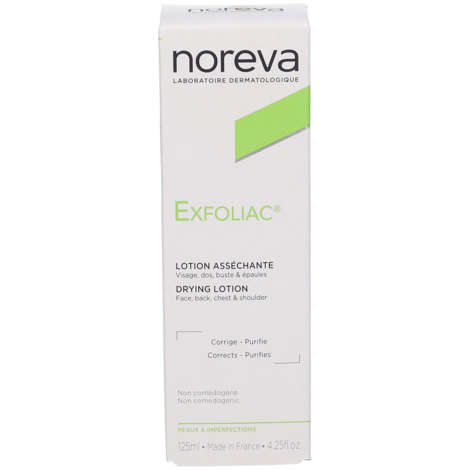 Weiße Verpackung mit Text. Aufschrift Noreva Exfoliac, grüne Markierung. Trocknende Lotion für Gesicht, Rücken, Brust.