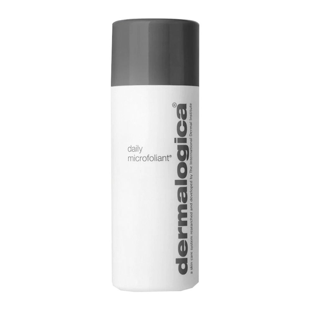 Weißer Behälter mit grauem Deckel. Aufschrift: daily microfoliant, Dermalogica. Vertikale Ausrichtung.