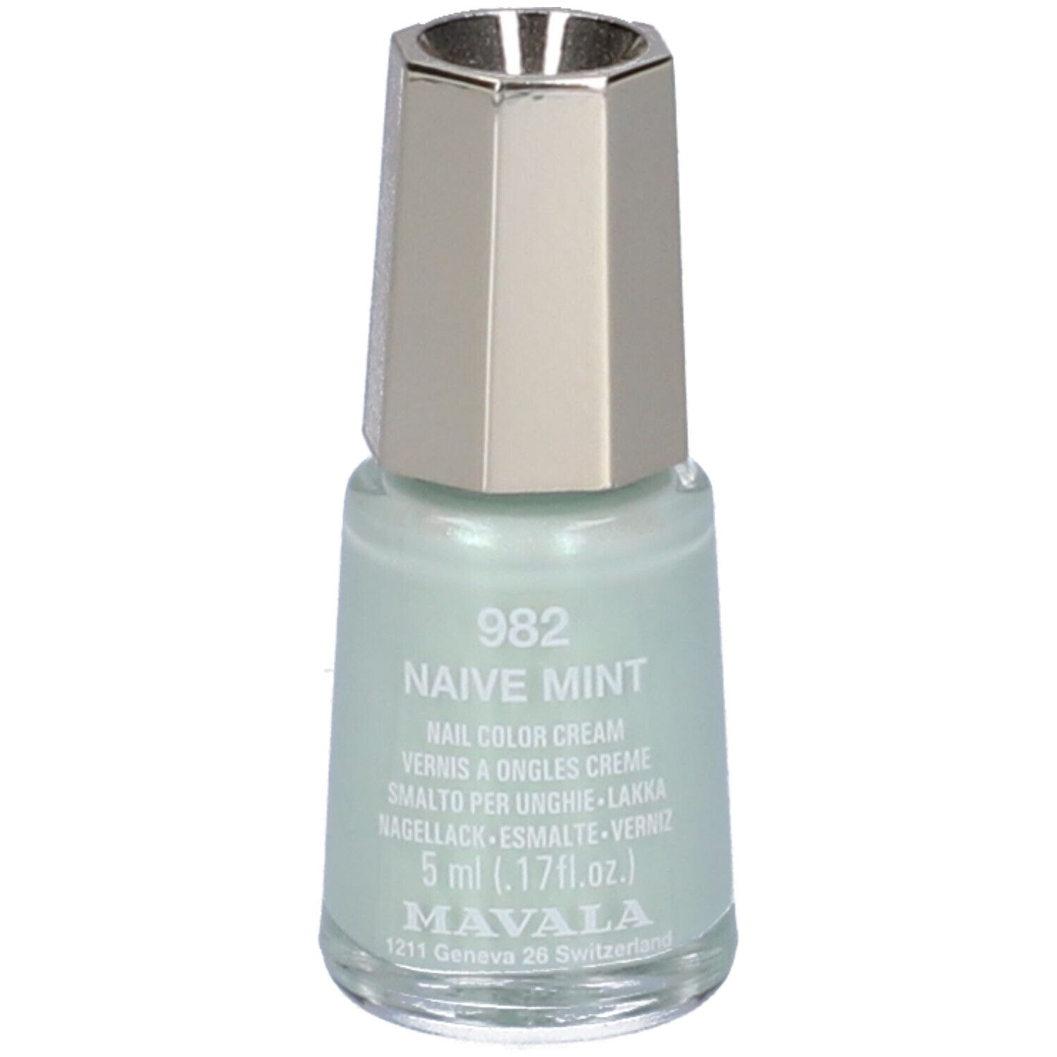 Flacone di smalto per unghie verde chiaro con tappo argentato. Scritta: 982 Naive Mint, 5 ml.
