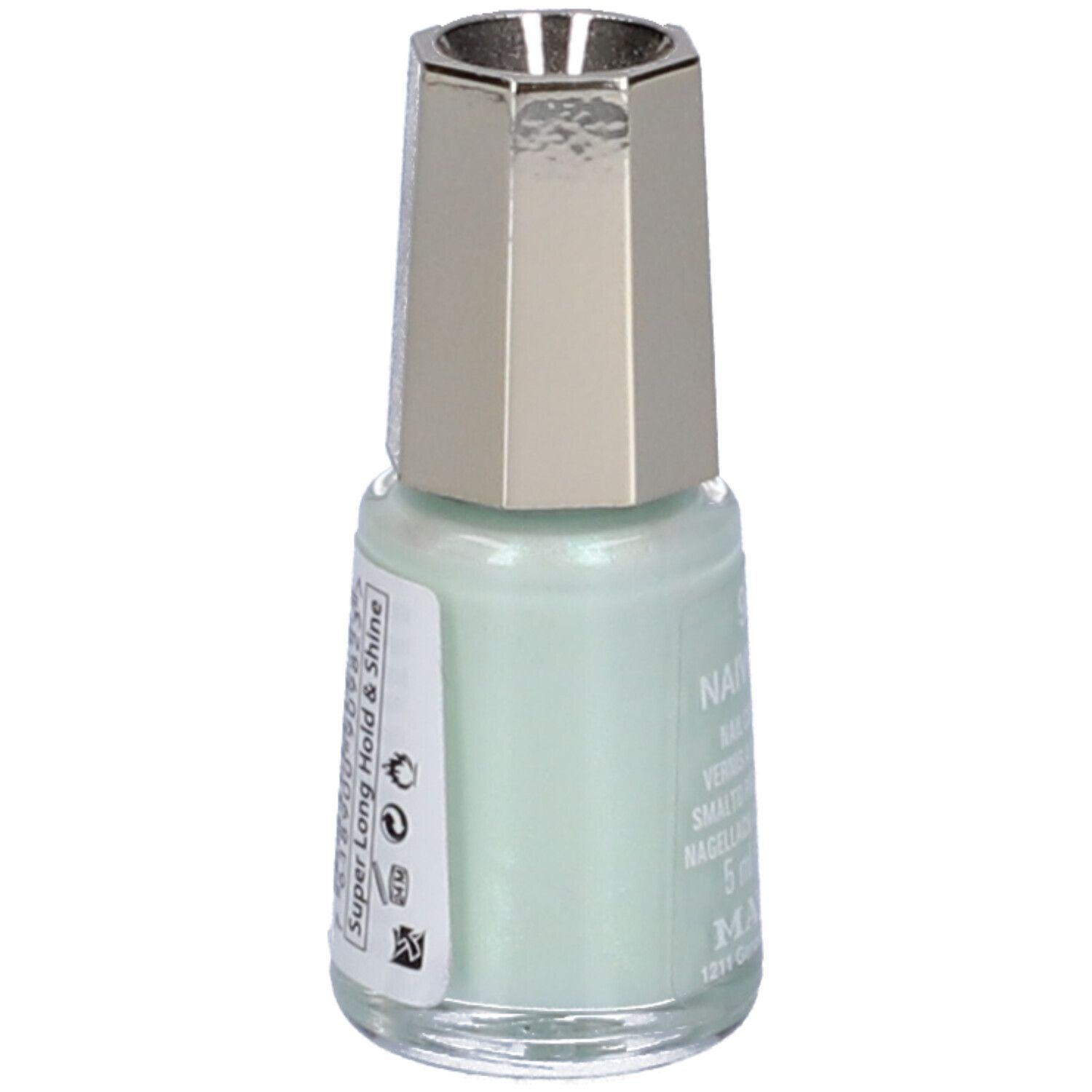 Flacone di smalto per unghie verde chiaro con tappo argentato. Etichetta con testo. Super Long Hold & Shine.