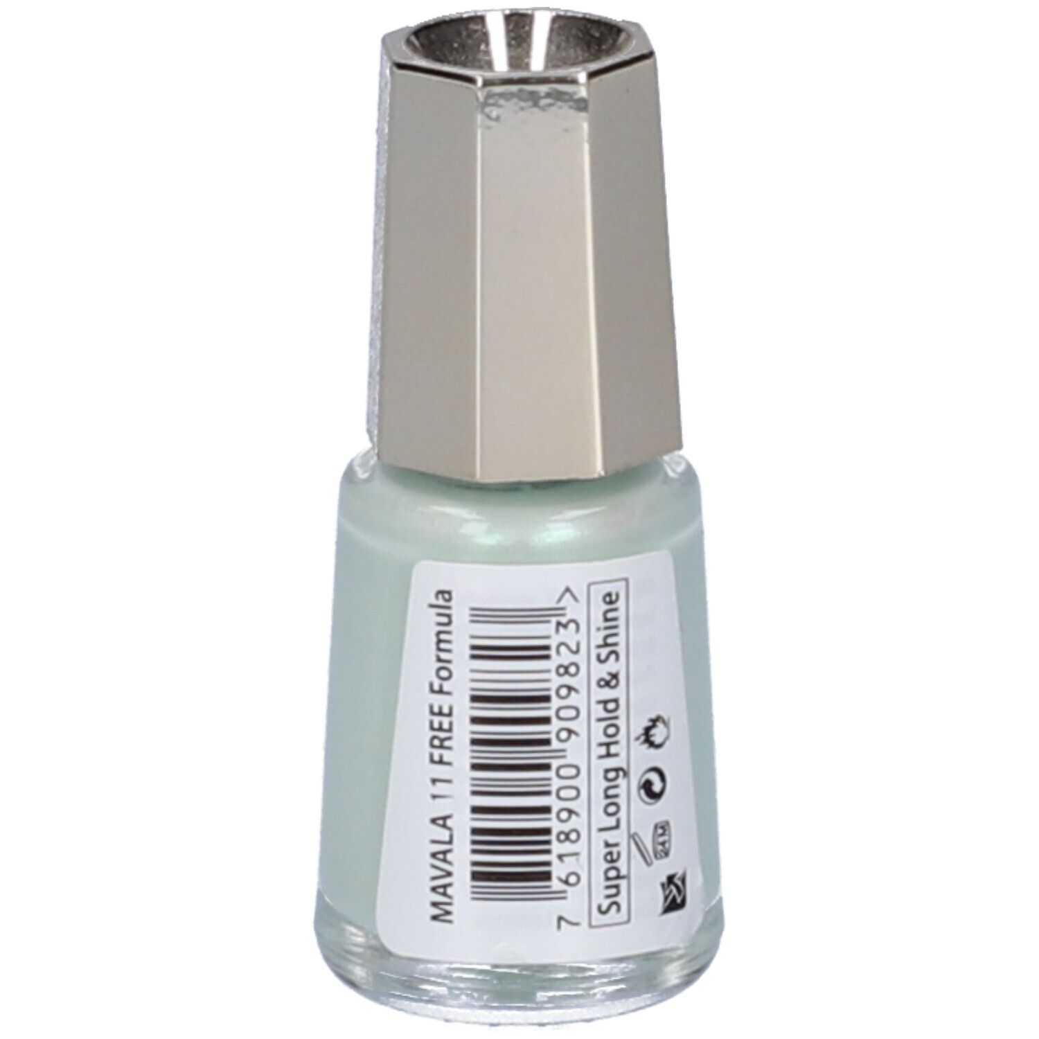 Flacone di smalto per unghie verde chiaro con tappo argentato. Codice a barre e testo: MAVALA 11 FREE Formula. Super Long Hold & Shine.