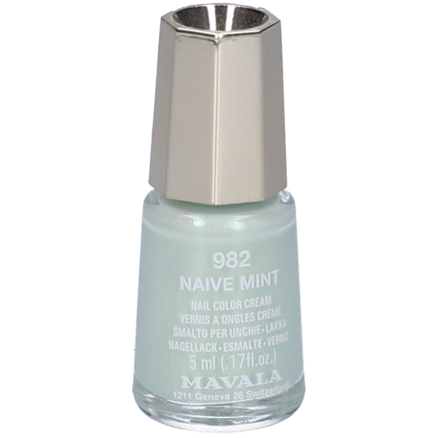 Flacone di smalto per unghie verde chiaro con tappo argentato. Scritta: 982 Naive Mint, 5 ml.