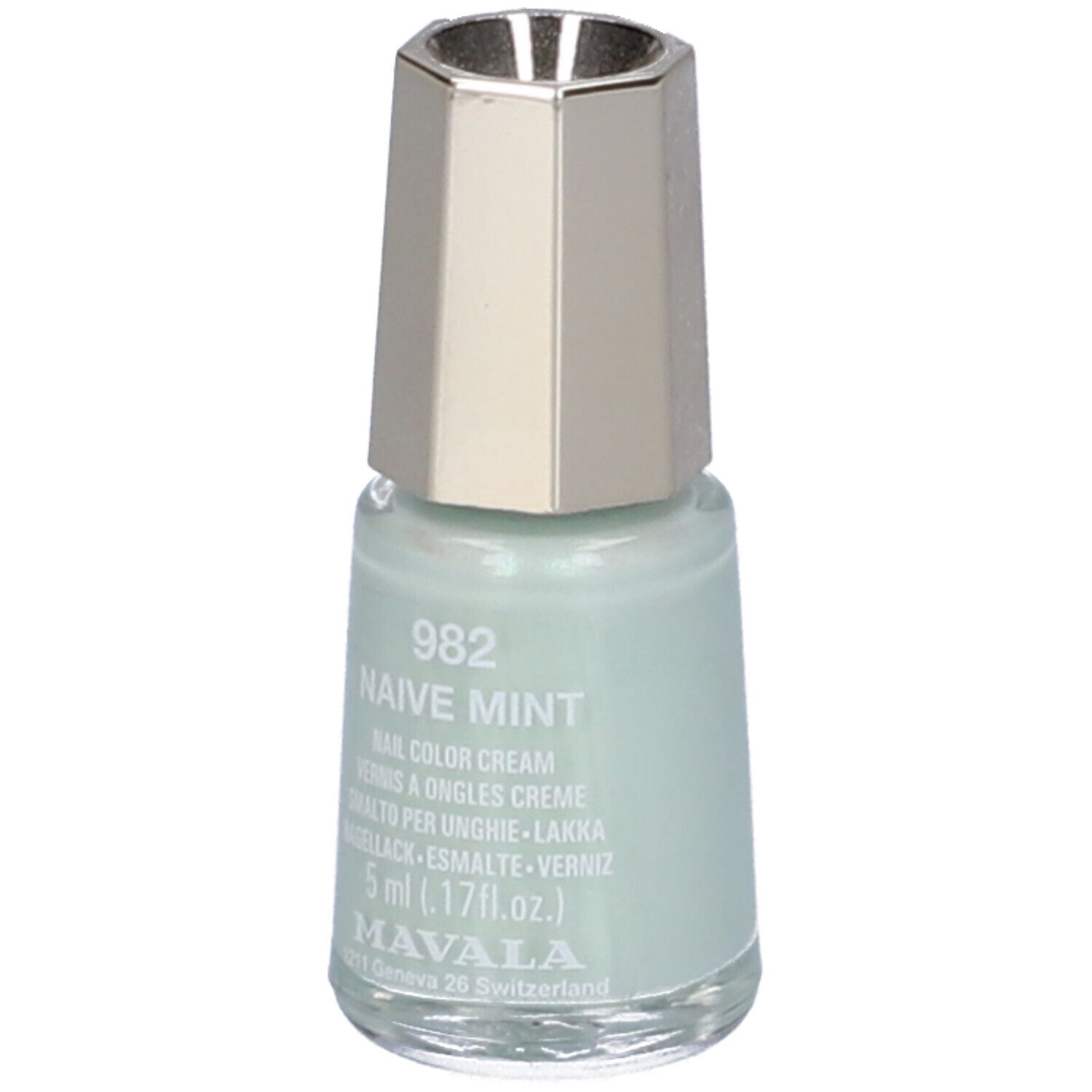 Flacone di smalto per unghie verde chiaro con tappo argentato. Scritta: 982 Naive Mint, 5 ml.